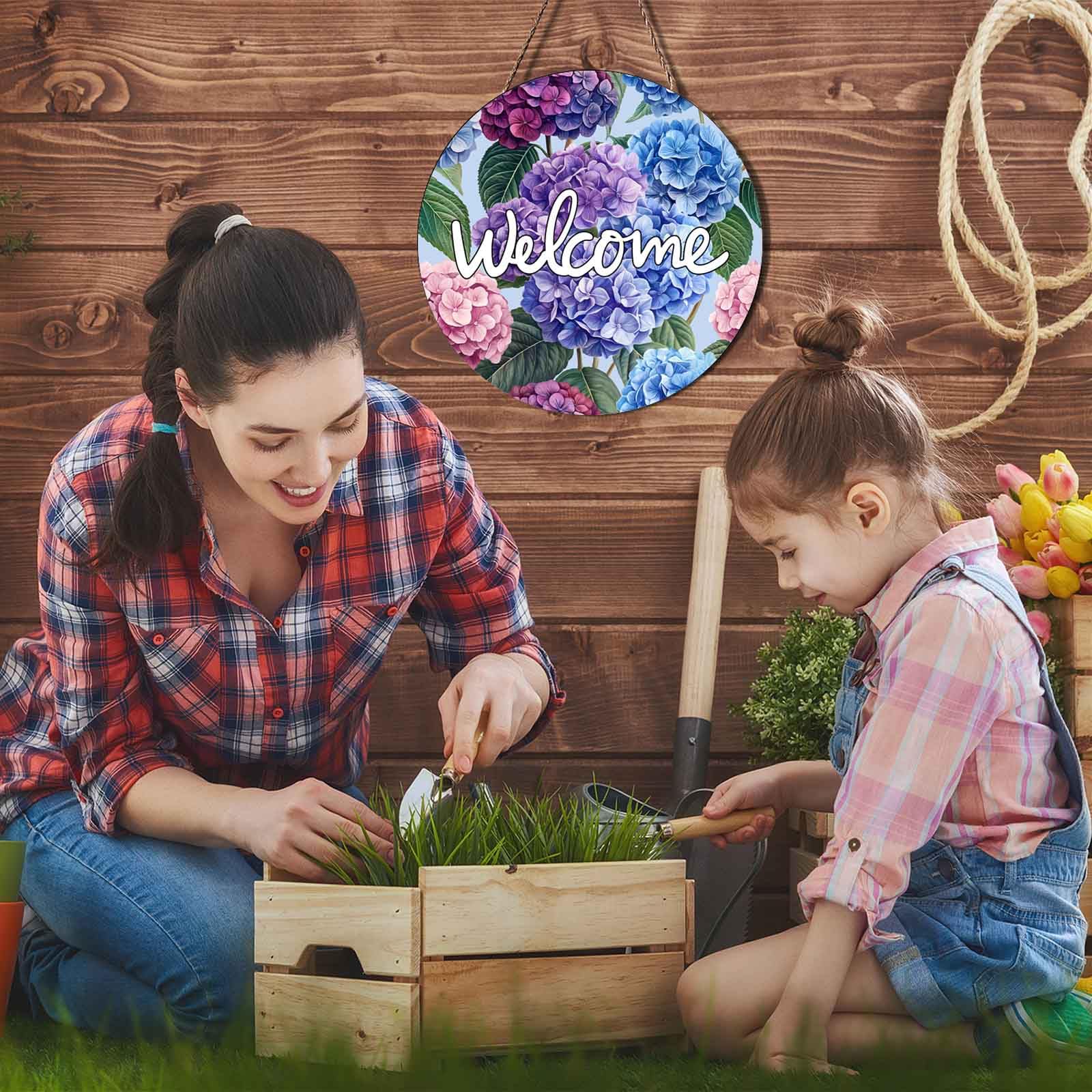 Ceutoiy Welcome Hanging Sign Front Door Decor Hydrangea Floral, Wooden Welcome Sign Colorful Hydrangea Spring Welcome Sign Front
