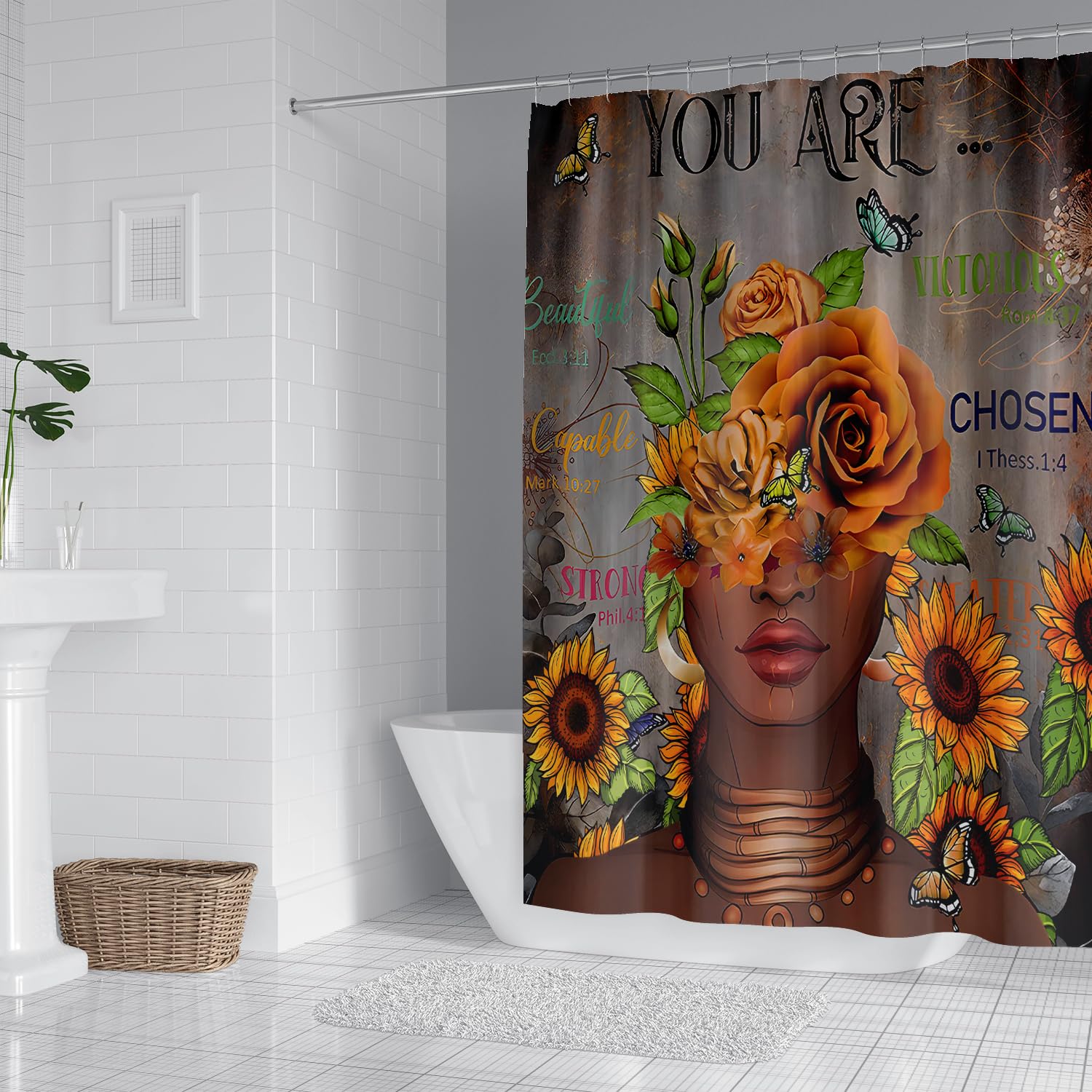 African Woman Shower Curtain Afro American Black Girl Shower Curtain Rose Sunflower Shower Curtains Inspirational Quotes Waterpr