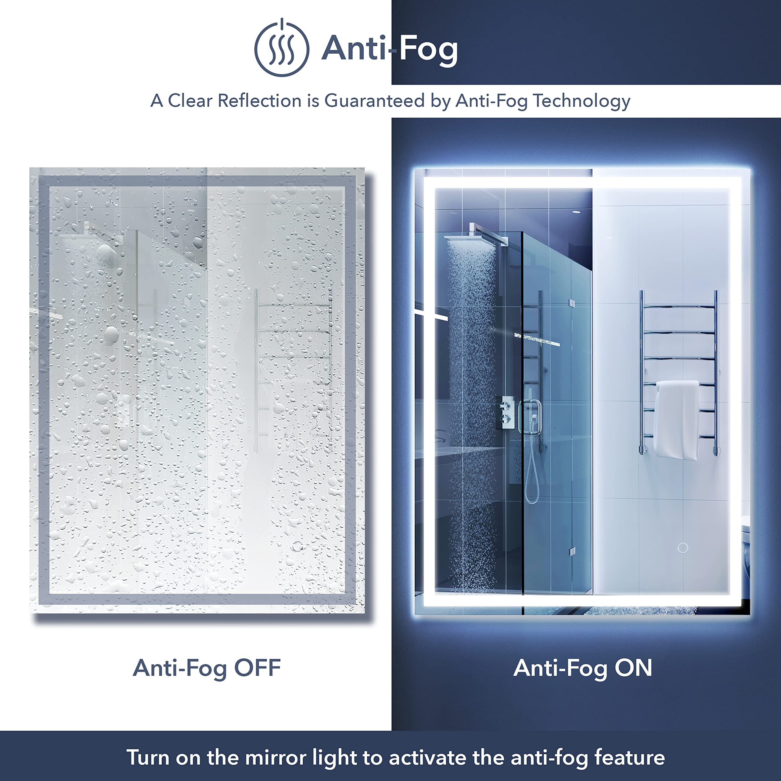 JONATHAN Y MIR100A-3648 Pax 48'' x 36'' Rectangular Frameless Anti-Fog Aluminum Front/Back-lit Tri-Color LED Bathroom Vanity Mirror with Smart Touch Control  White