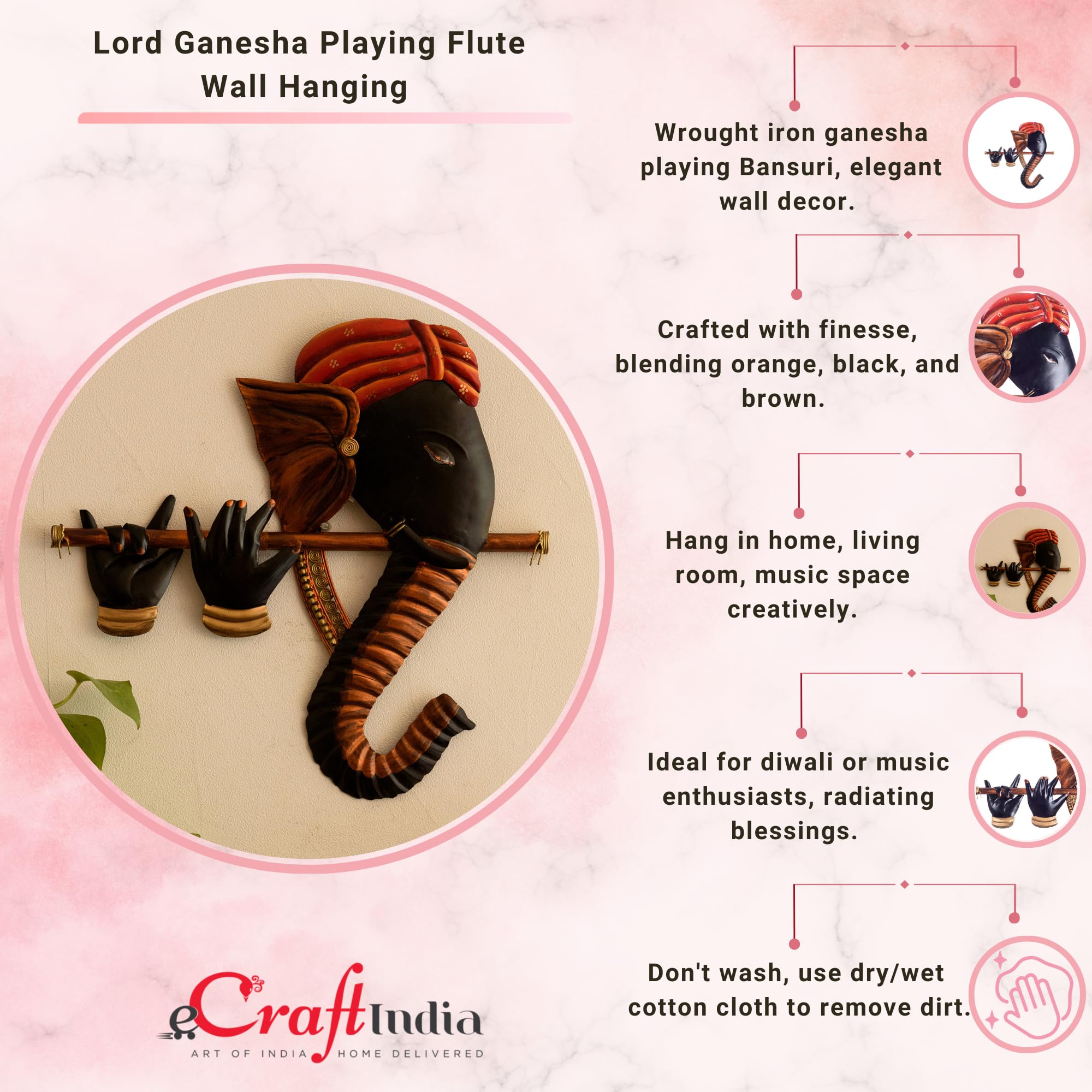 Ecraftindia Wrought Iron Bansuri Ganesha Wall Hanging