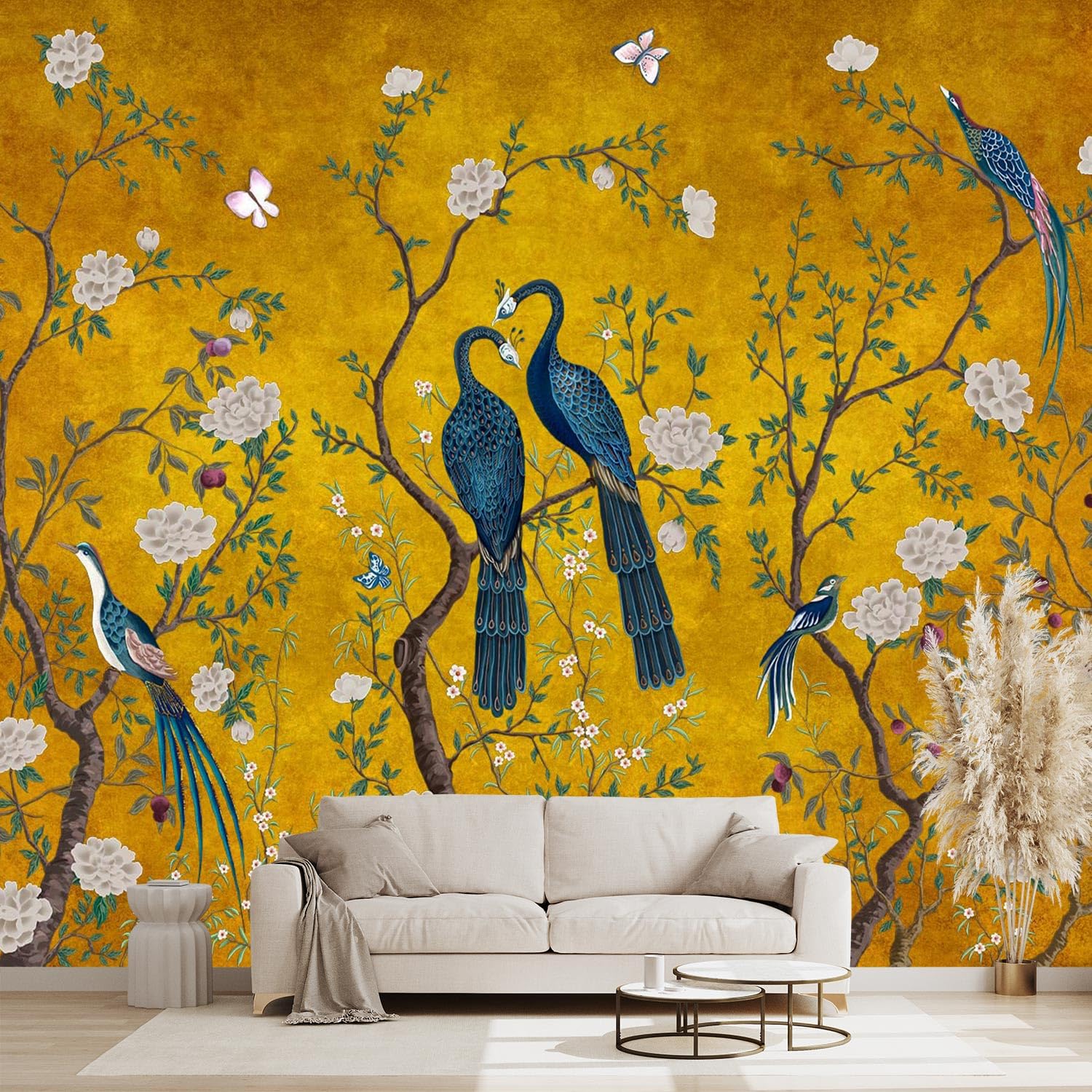 WXHFM - Golden Chinese Style Flowers Birds Wallpaper for Bedroom Botanical wall Mural - 91x65(Not Peel and Stick)