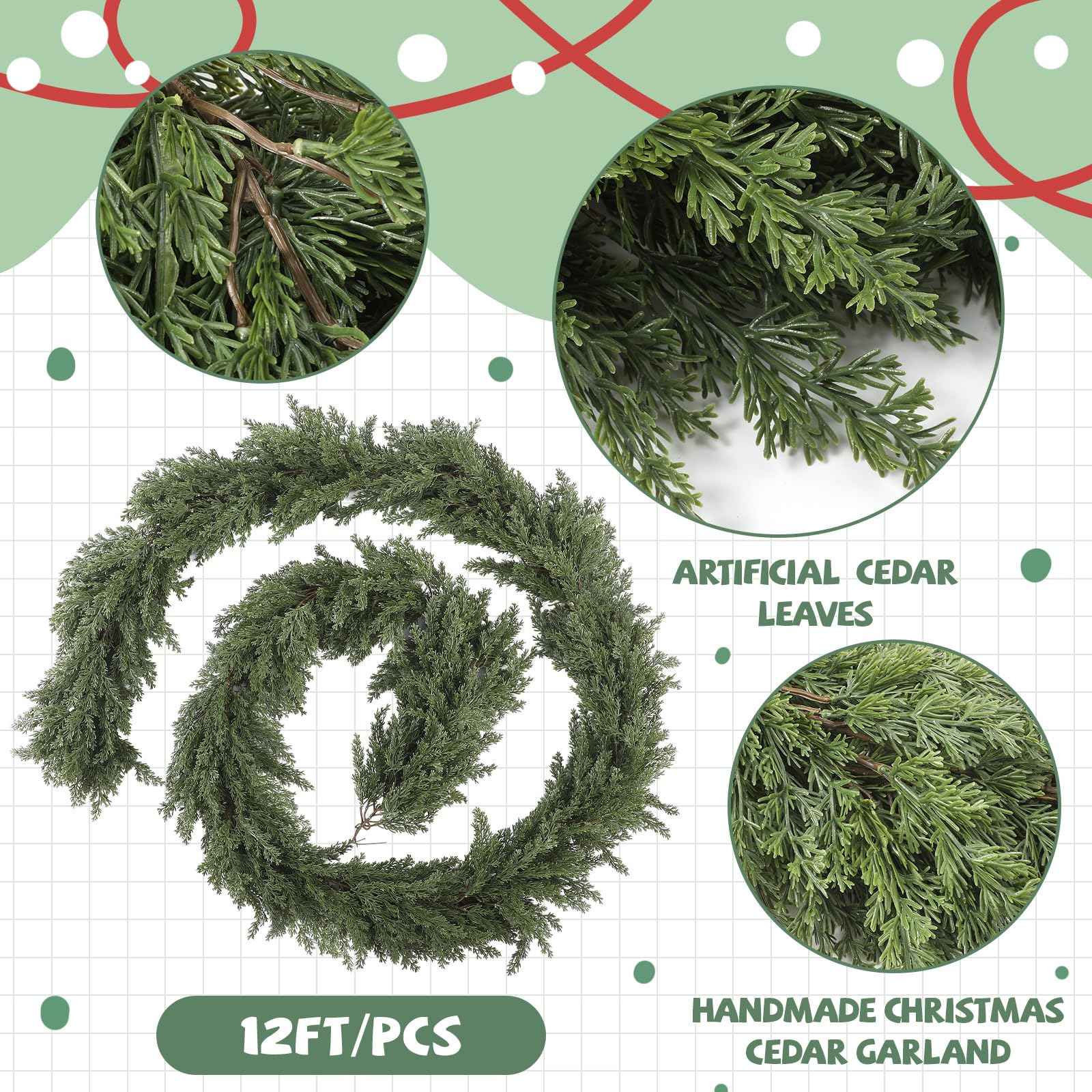 Jutom 1 Pcs 12 ft Thick Christmas Cedar Garland Artificial Realistic Soft and Flexible Full Faux Green Cedar Pine Garland for Ho