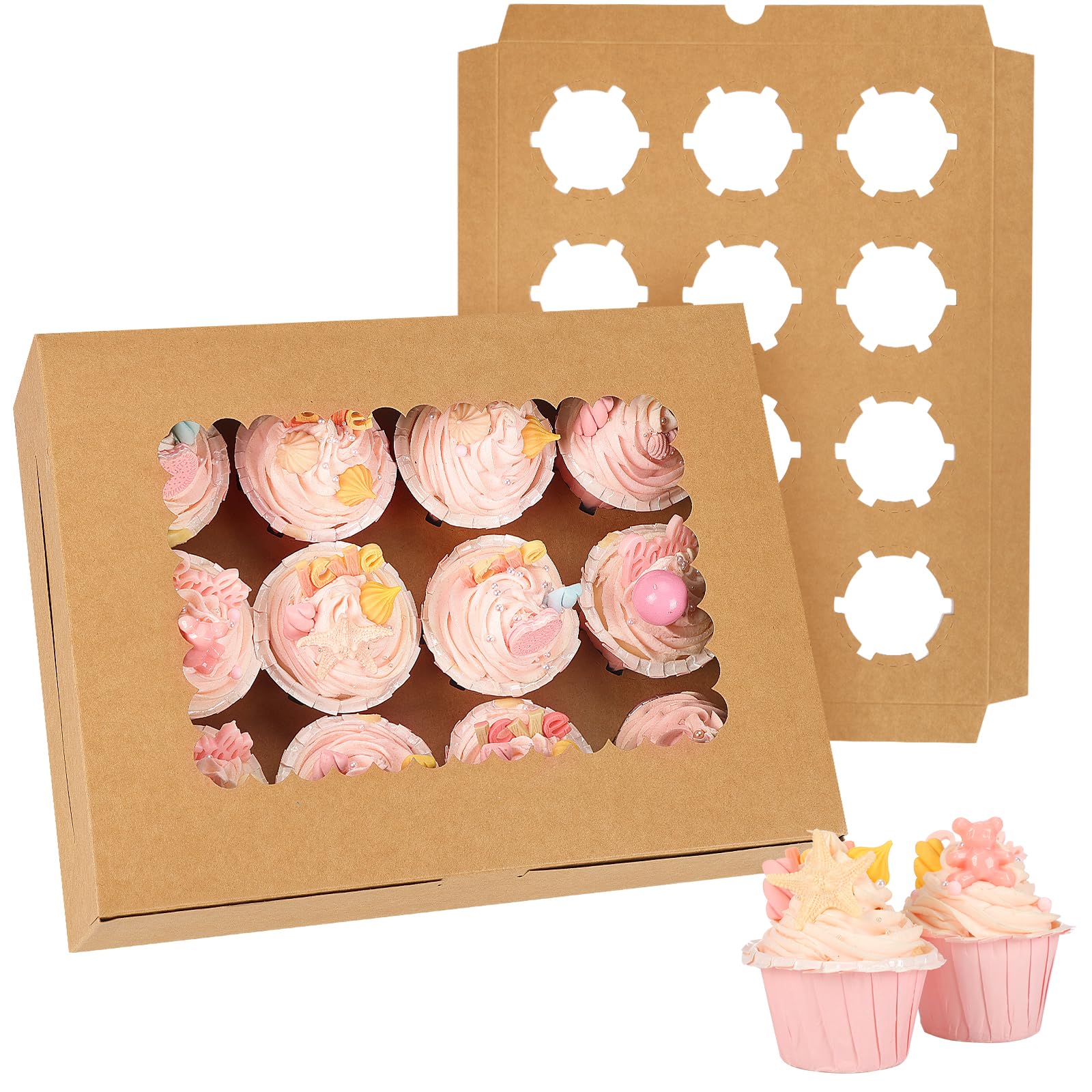 Moretoes Cupcake Boxes - 34 Pcs Brown Kraft Bakery Carrier with Windows for Cupcakes, Muffins & Pastries, Model Moretoes2022062402