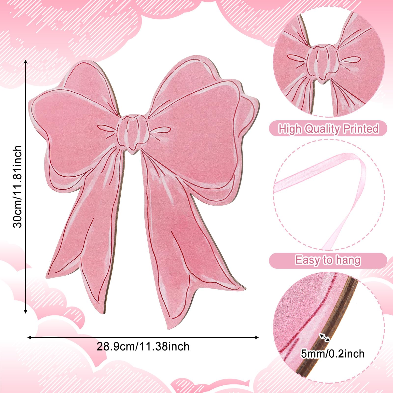 RattanView Pink Bow Wooden Hanging Sign Coquette Bow Wall Hanging Hanger Cute Preppy Wall Art Bowknot Welcome Door Sign Girly De