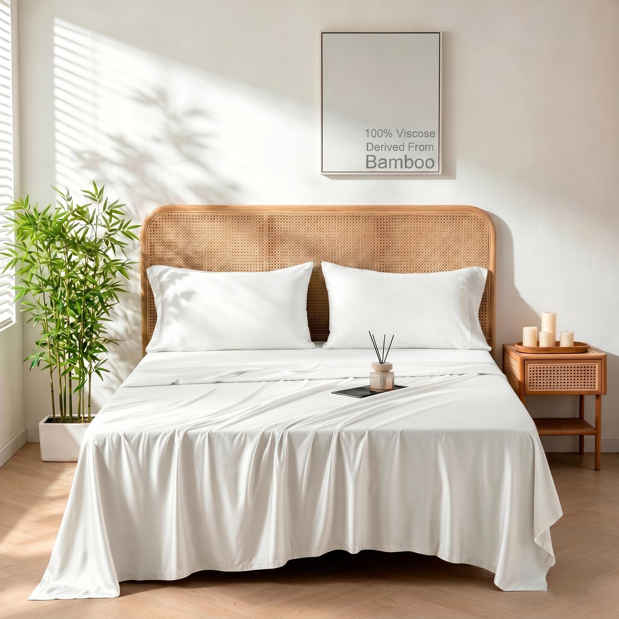 Popfavor King Sheet Set Bamboo,Rayon From Bamboo Cooling Sheets & Pillowcases,Breathable & Silky Soft,Deep Pocket Up To 18,(Whi