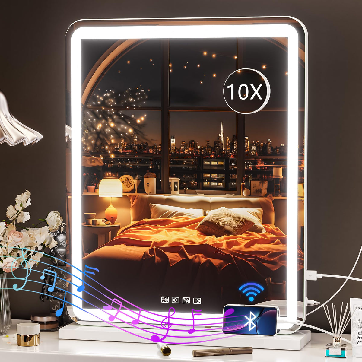 Hasipu Vanity Mirror With Lights And Bluetooth Speaker, 20'' X 25'' Led Makeup Mirror, Light Up Mirror With 10X Magnification An