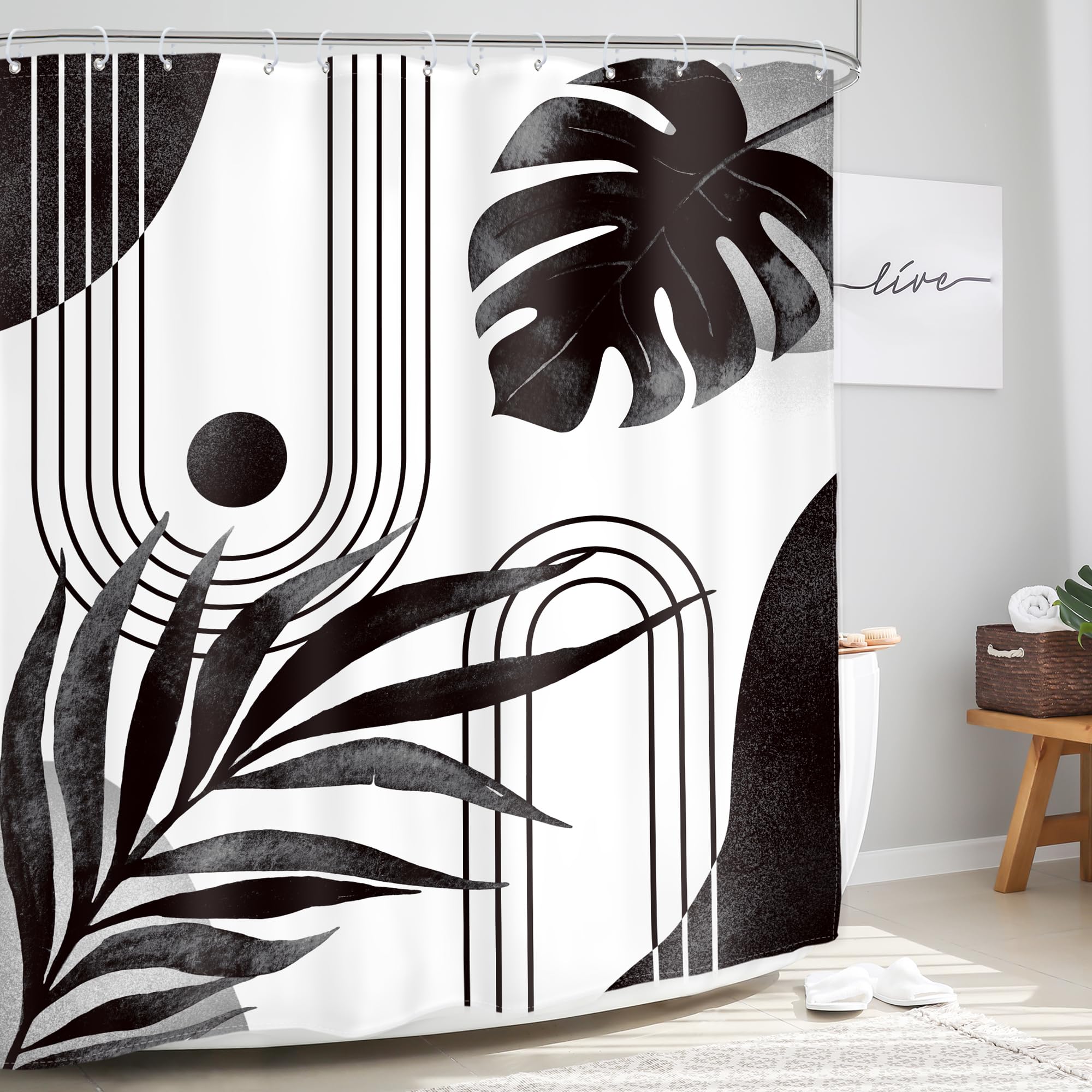 Glawry Boho Black White Shower Curtain Mid Century Abstract Tropical Palm Leaf Modern Minimalist Plant Botanical Bathroom Geomet