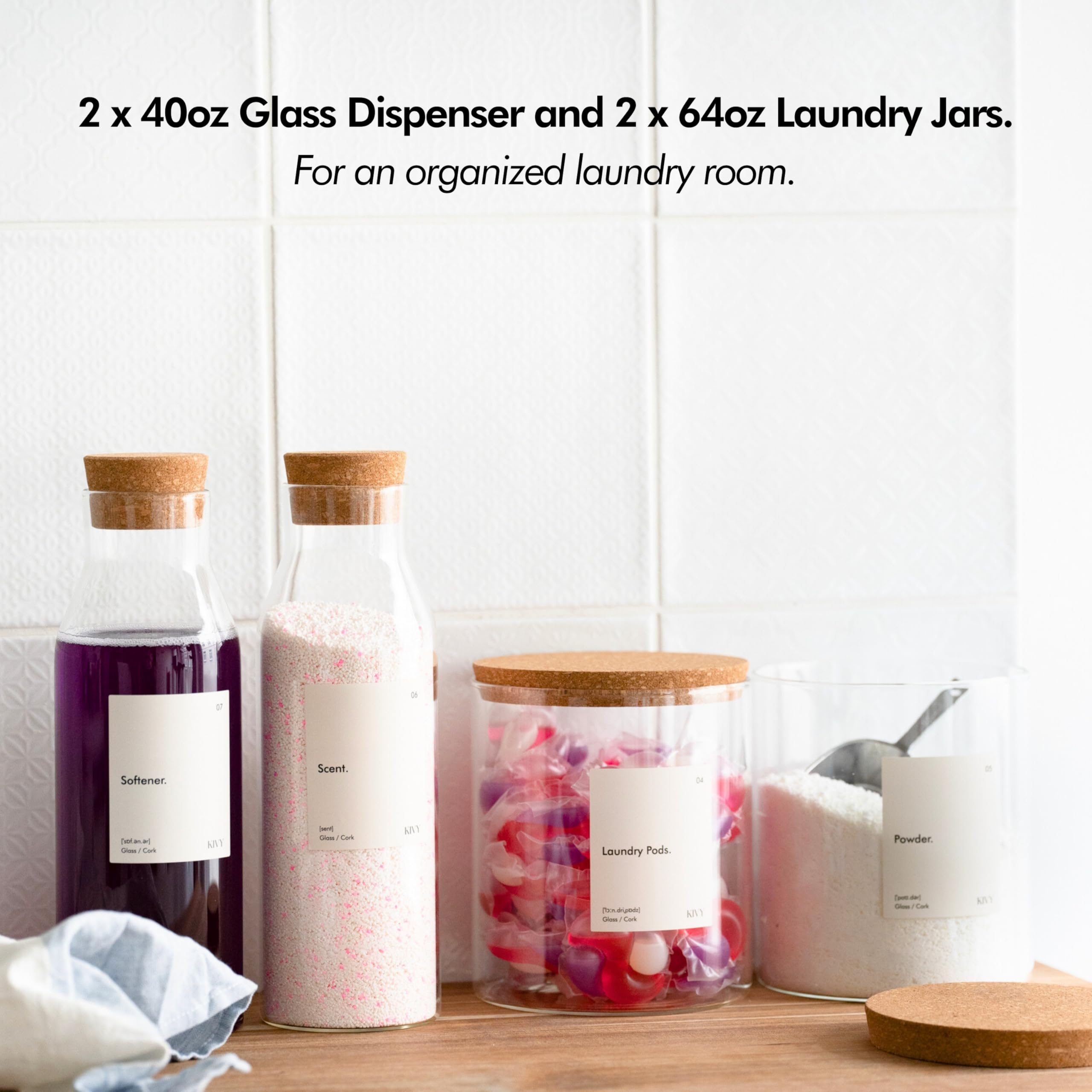 Kivy Glass Detergent Dispenser Container Set Of 4 With Labels - Large Glass Jars For Laundry Room Organization Decor - Laundry S