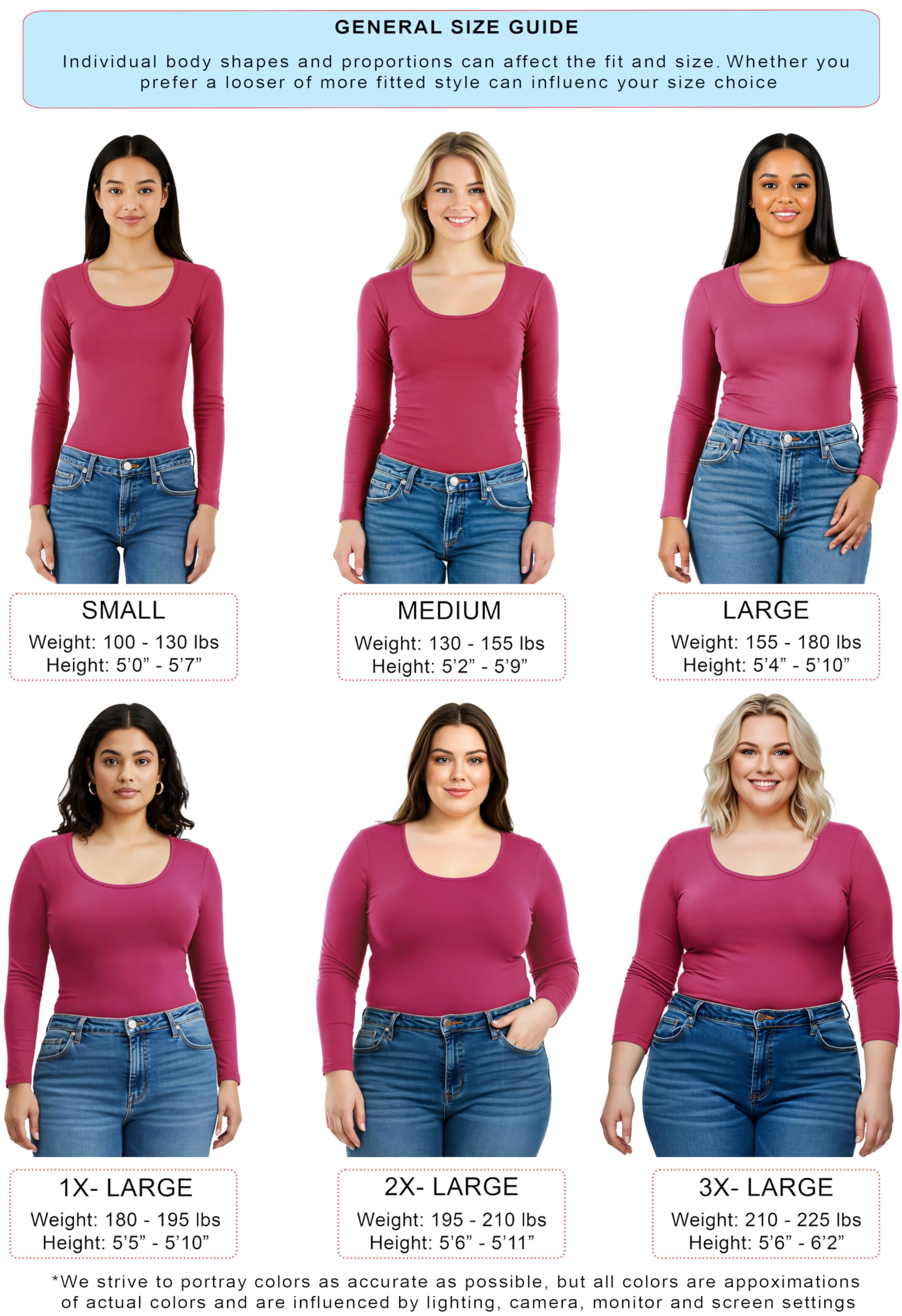 Emmalise Womens Junior And Plus Size Basic Scoop Neck Tshirt Long Sleeve Tee, 1Xl, 2Pk Fuchsia, Red