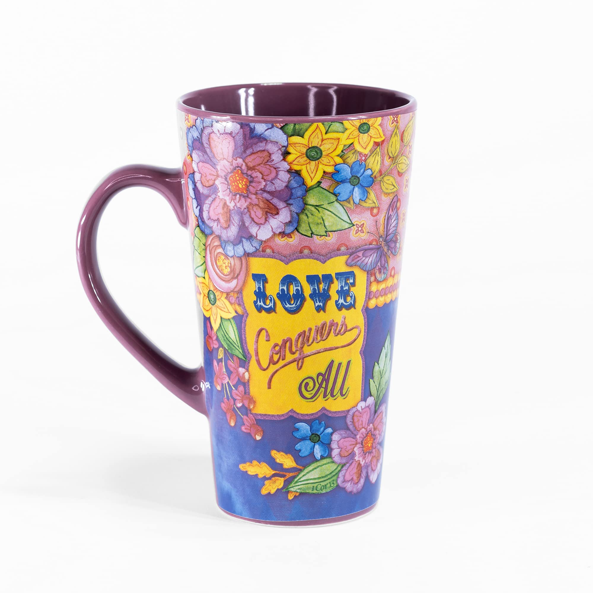 Divinity Boutique Inspirational Stoneware Mug, Love Conquers, Multicolor