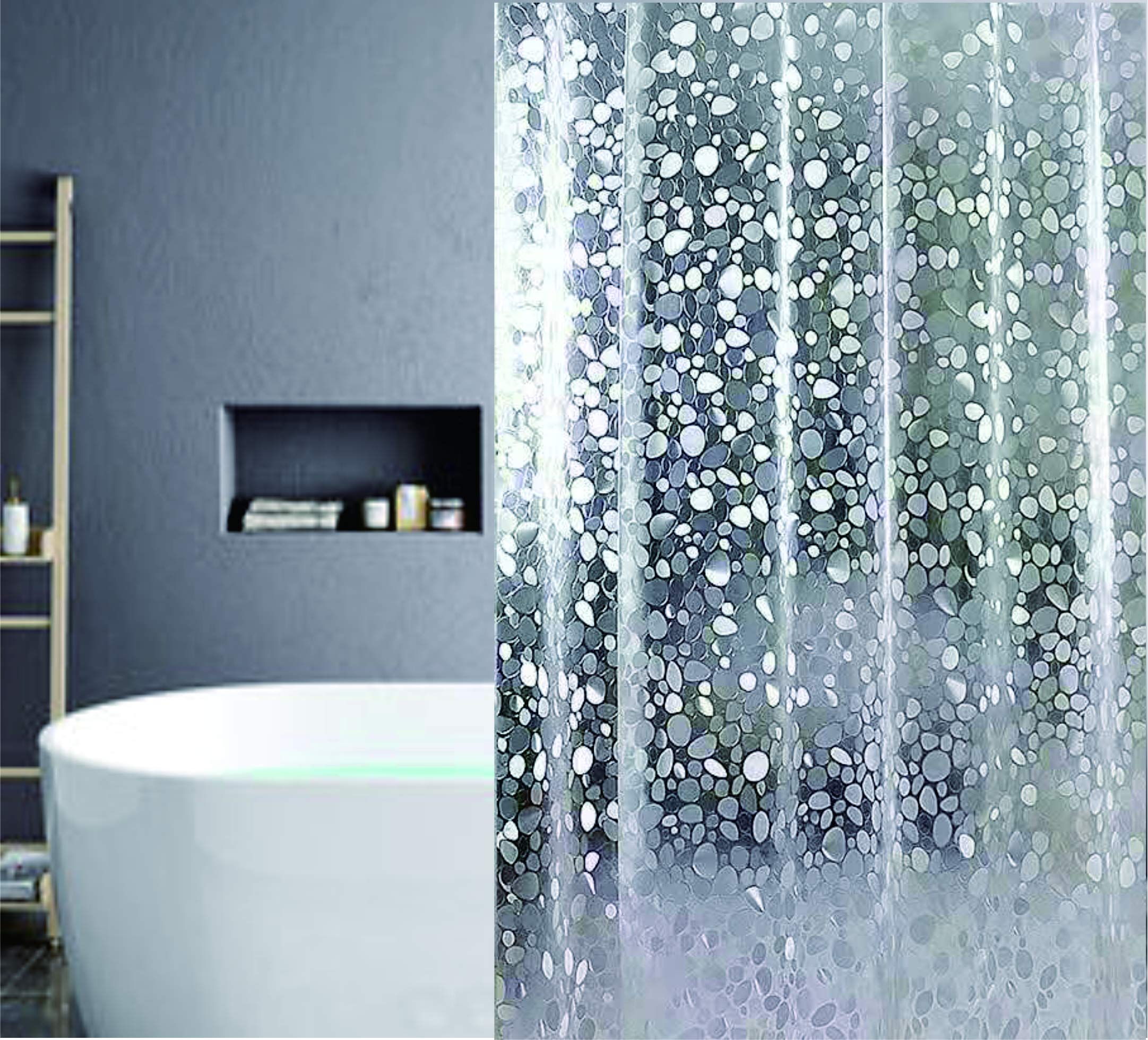 Sujayu Eva Shower Curtain Liner With 12 Plastic Hooks, 72X72 Inch For Shower Stall & Bathtubs, 3D Pebble Bathroom Curtains, Odor