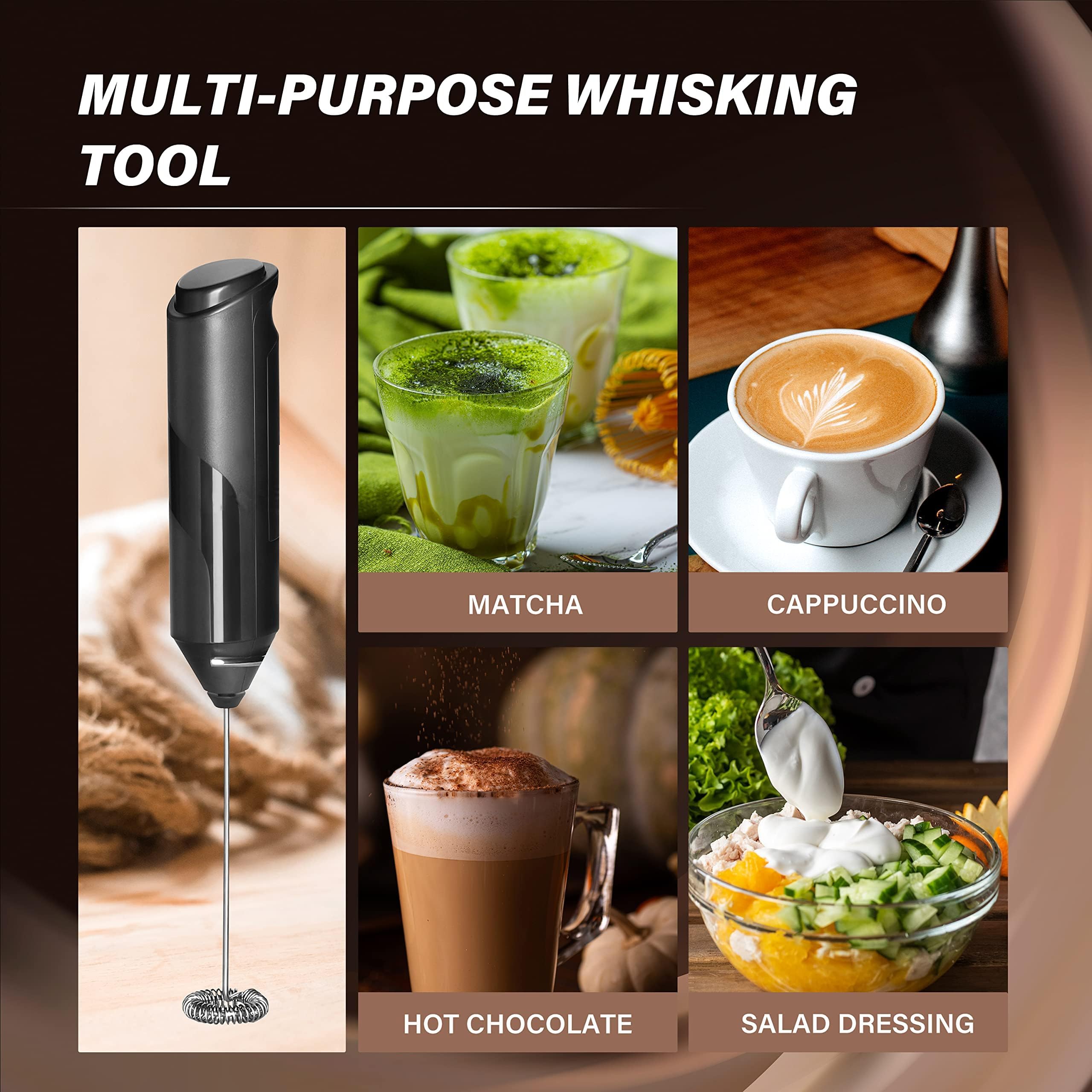 Simple Deluxe Milk Frother - Handheld Foam Maker with Stand, Battery-Operated, Black, Ideal for Coffee, Lattes, and Hot Chocolate