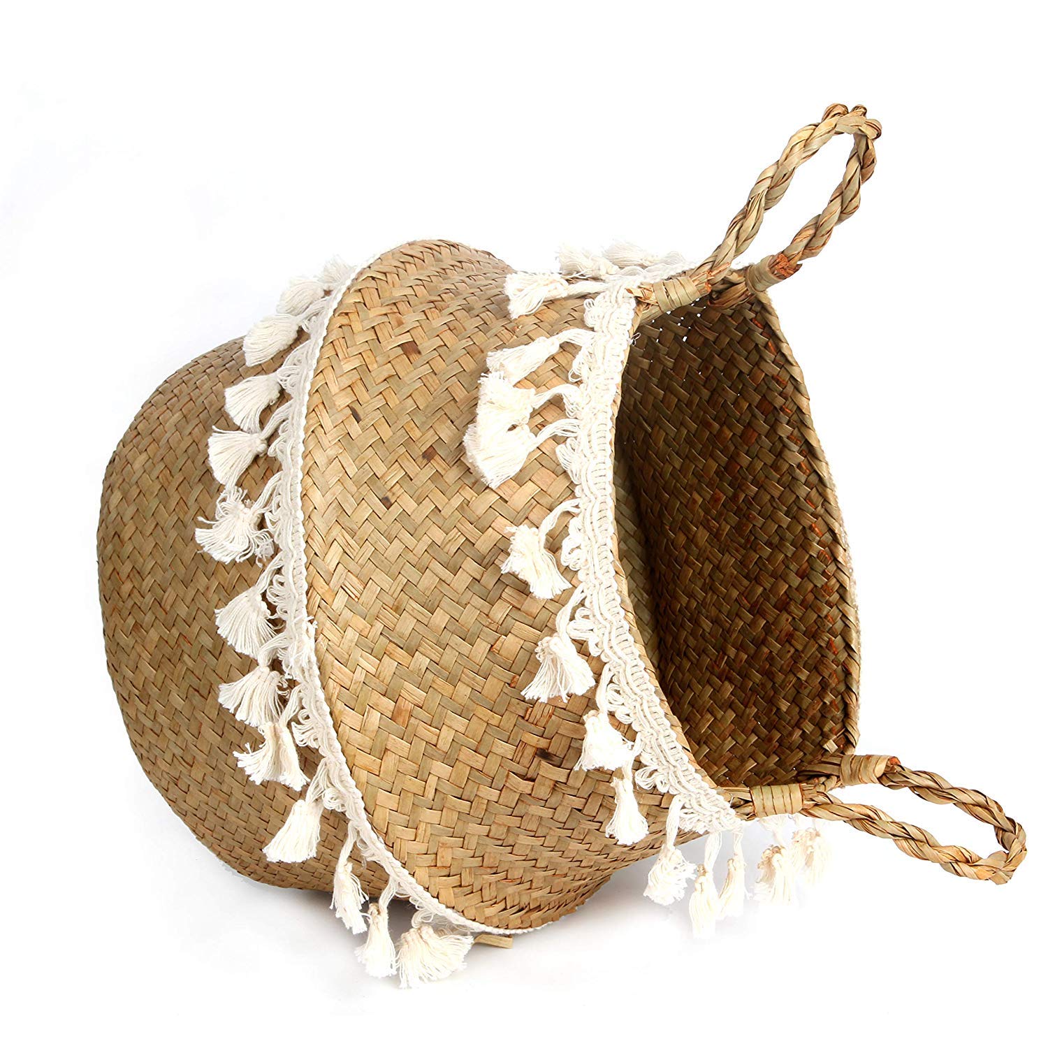 Bluemake Tassel Macrame Woven Seagrass Belly Basket For Storage, Decoration, Laundry, Picnic, Plant Basin Cover, Groceries And T