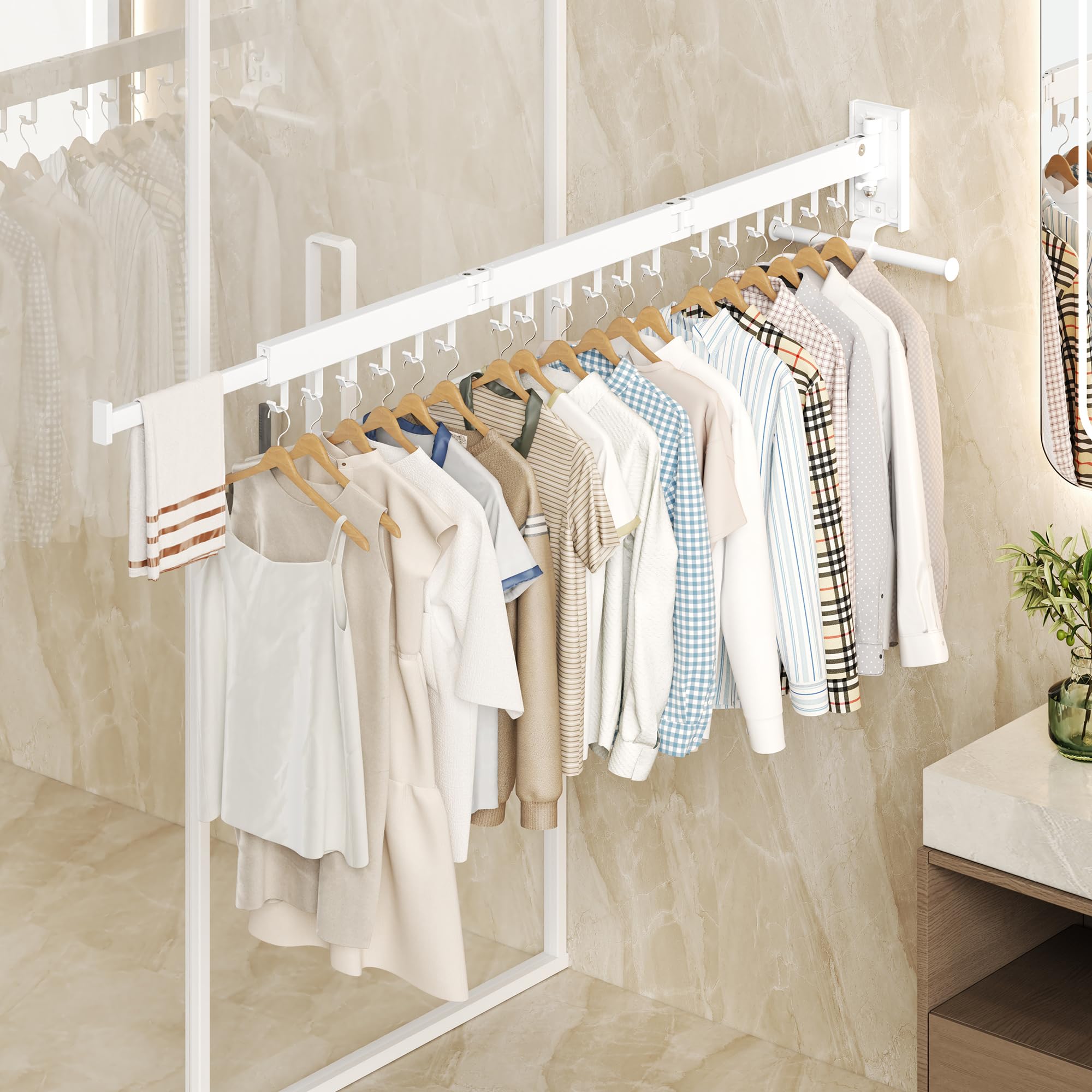 HEILAIYI Wall Mounted Clothes Hanger Clothes Drying Rack Laundry Drying Rack Clothes Rack Wall Mount Drying Rack Clothing Retractable Collapsible can Fold Upward & Left & Right (Upgrade-White)