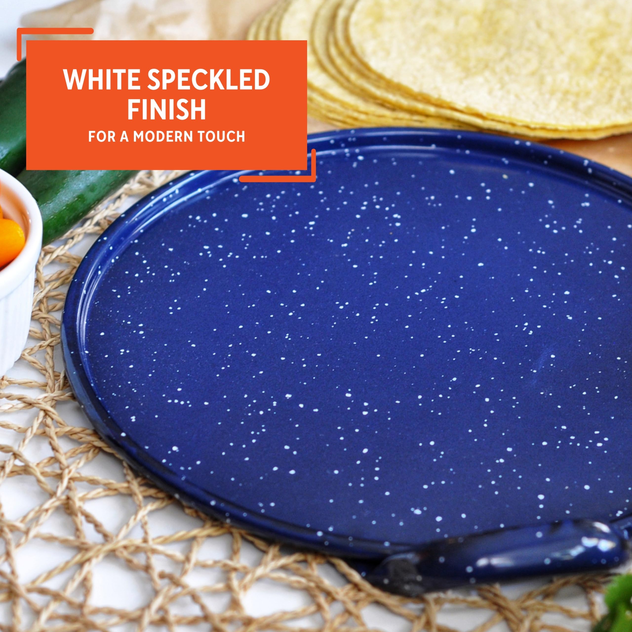 Imusa Round Enamel Comal With Metal Handle 11 Inch, Blue
