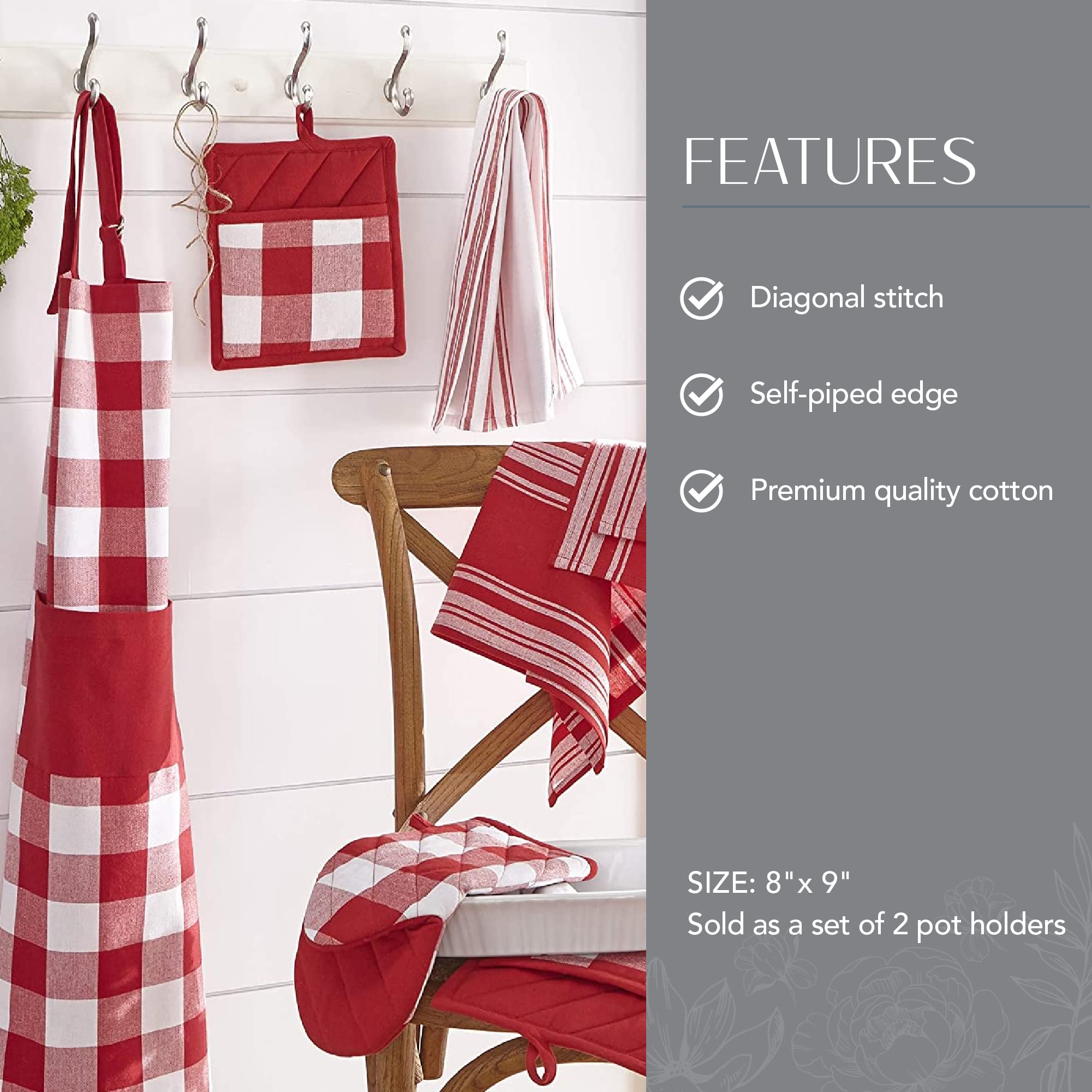 Elrene Home Fashions Farmhouse Living Buffalo-Check Pot-Holder Set, Rustic Pot Holders For Kitchen, Set Of 2, 8'' X 9'', Red/Whi