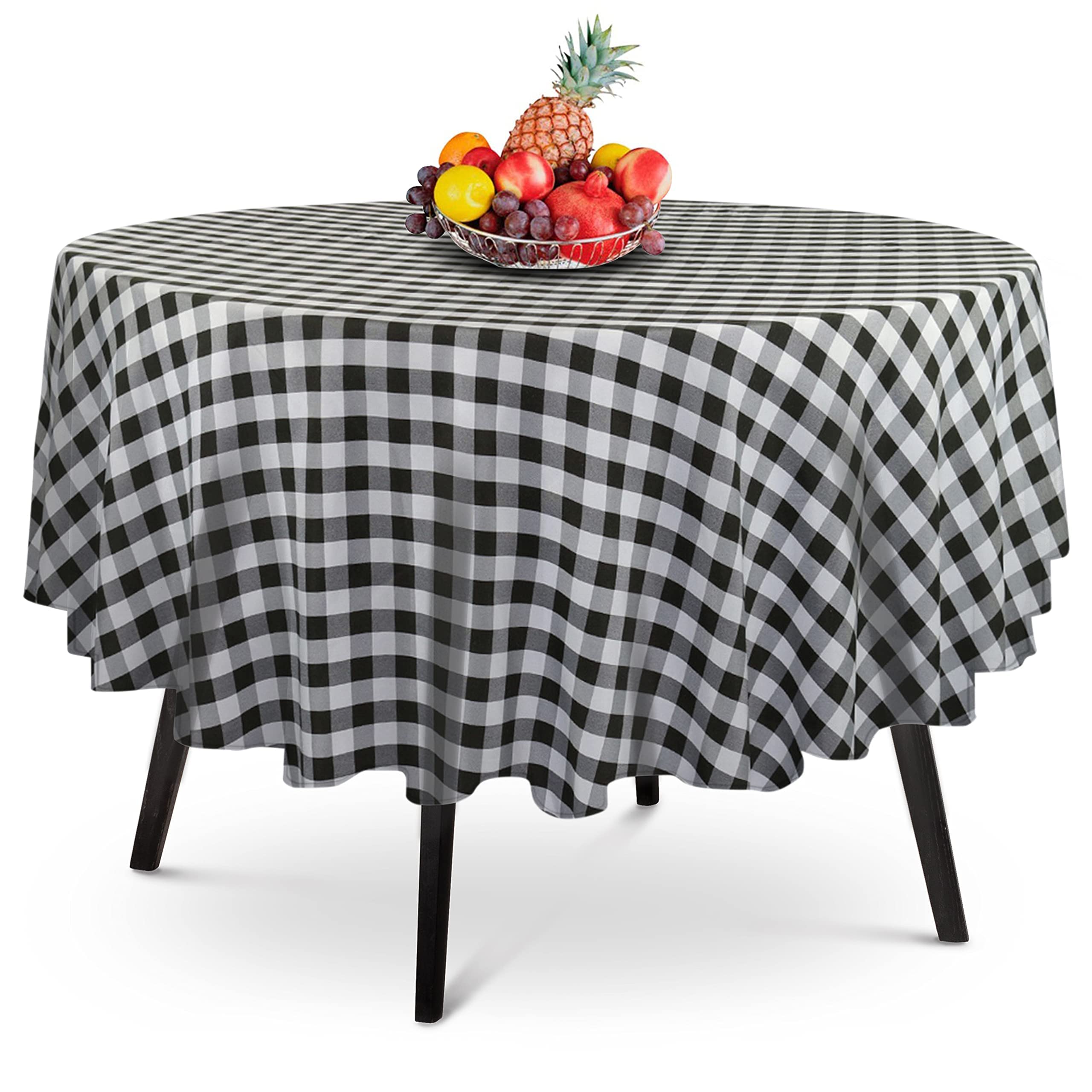 14 Pack Premium Round Checkered Black Plastic Tablecloth - 84 X 84 In. Disposable Round Plastic Table Cloth - Decorative Round T