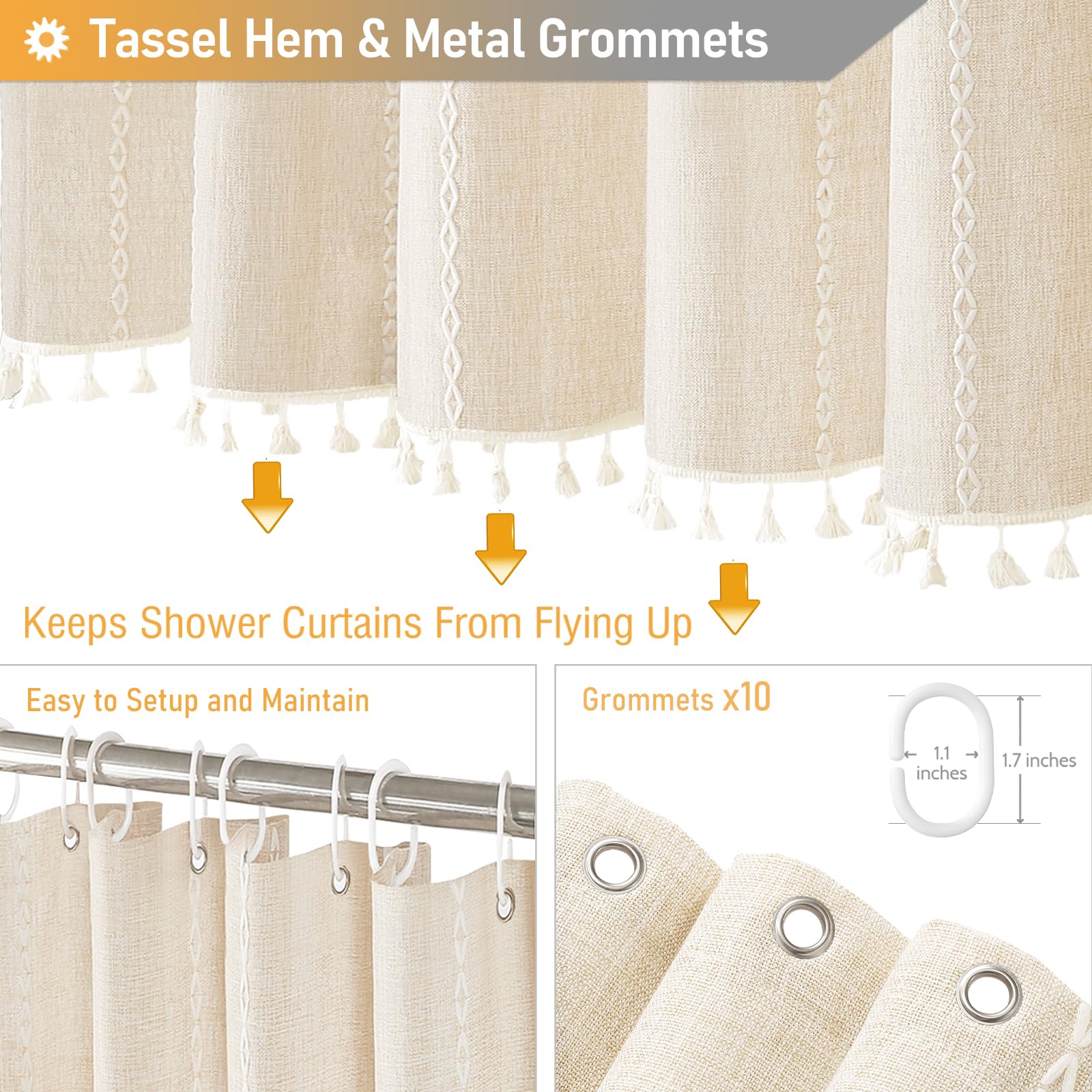 Bttn Stall Shower Curtain - 60X84 Long Boho Farmhouse Linen Fabric Tassel Shower Curtain Set With 10 Plastic Hooks, Narrow Bohem