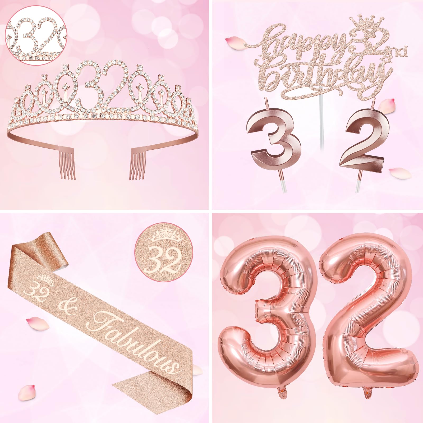 32 Birthday Decorations For Women Including 32Nd Birthday Sash, Crown/Tiara, Birthday 32 Candles And Cake Toppers, Number 32 Bal