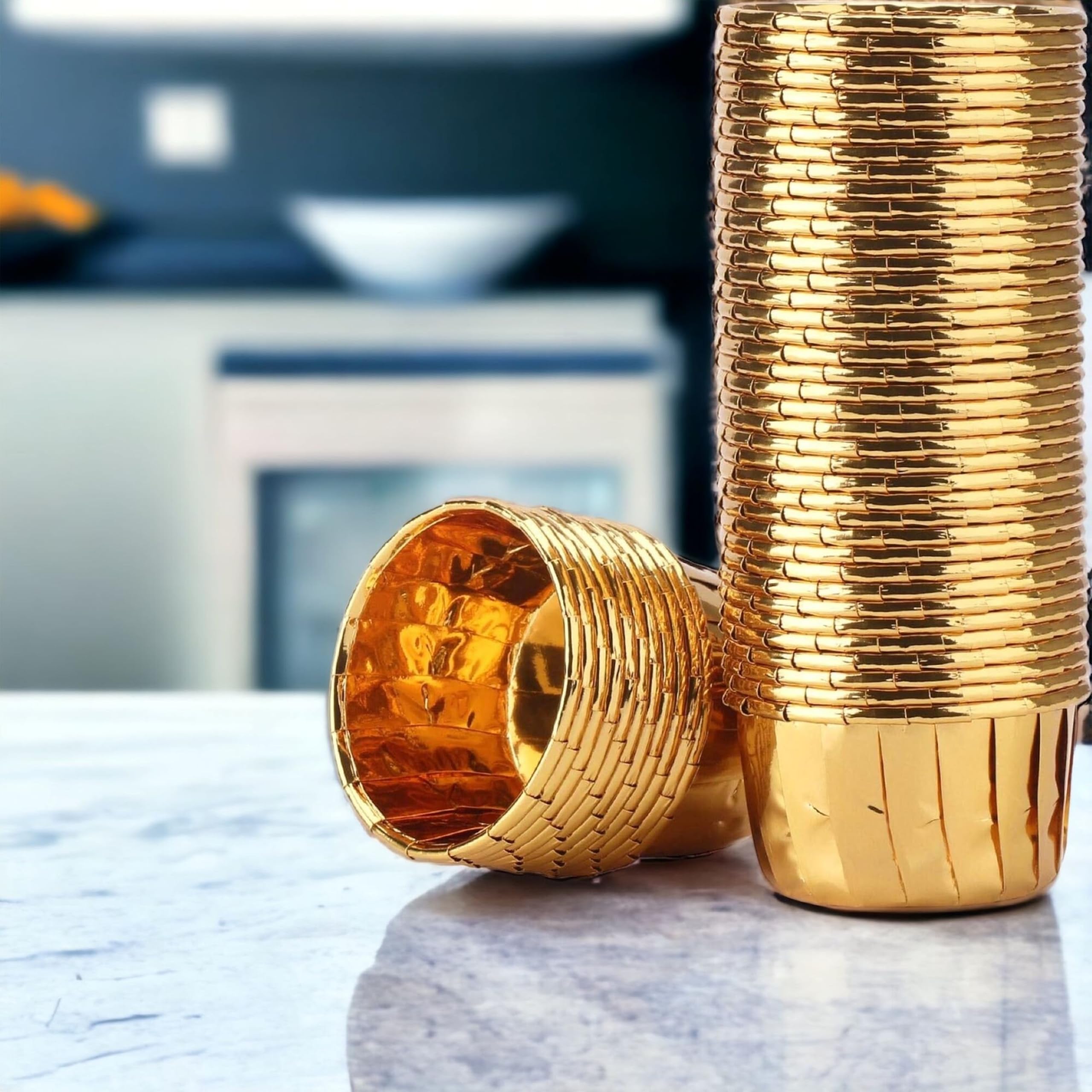 100 Gold Metallic Baking Cups Cupcake Muffin Liners By The Baker Celebrations - 3.5 Oz Ramekins; Super Festive And Classy Cupcak