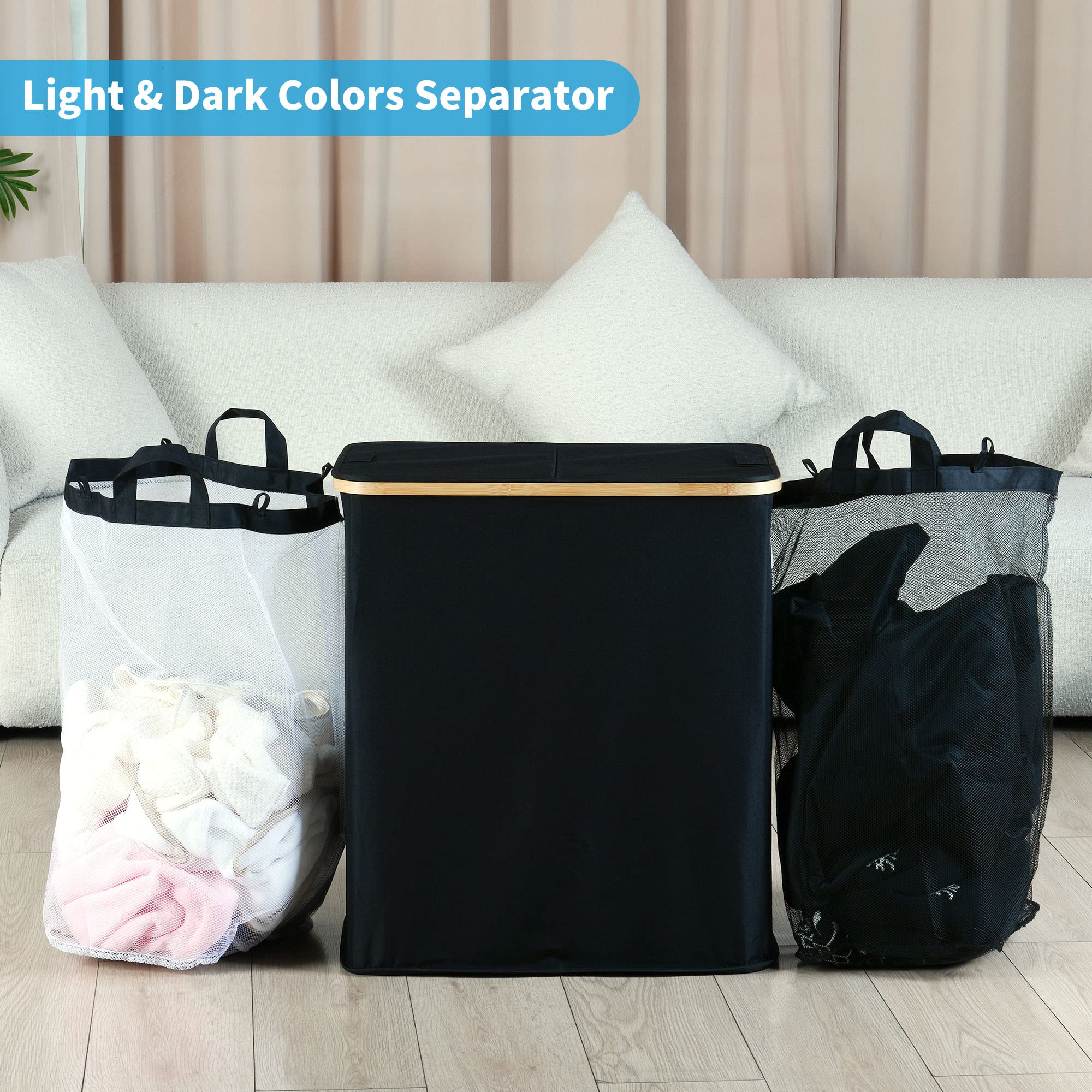 efluky Laundry Hamper with Lid  Double Laundry Hamper with 2 Removable Bags  2 Section Laundry Hamper with Bamboo Handles for Bedroom  Bathroom & Laundry Room  140L (36.9 Gallon) Black