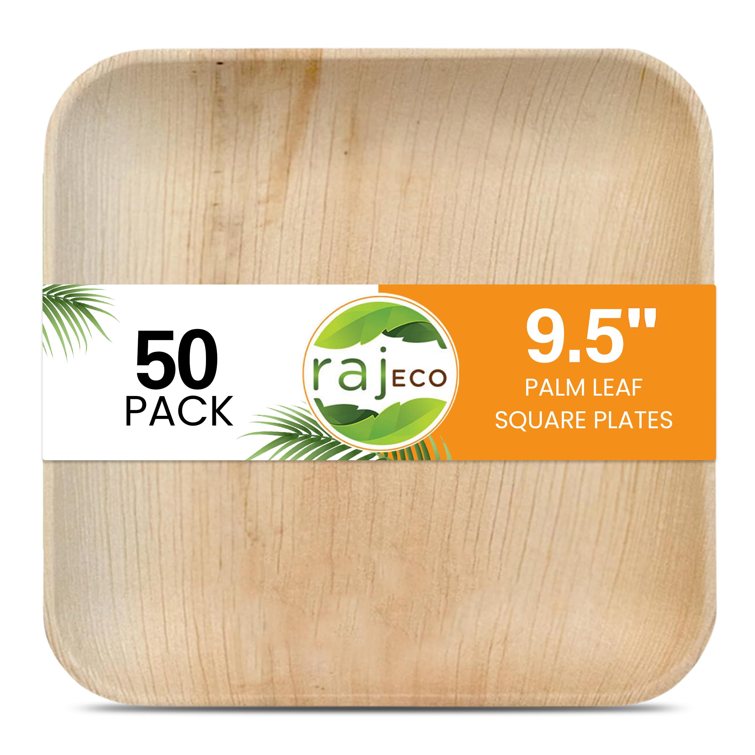 Raj Disposable Palm Leaf Plates [50-Pack] Large Square Plates Strong And Reusable Party Plates Like Bamboo Plates - Decorative C