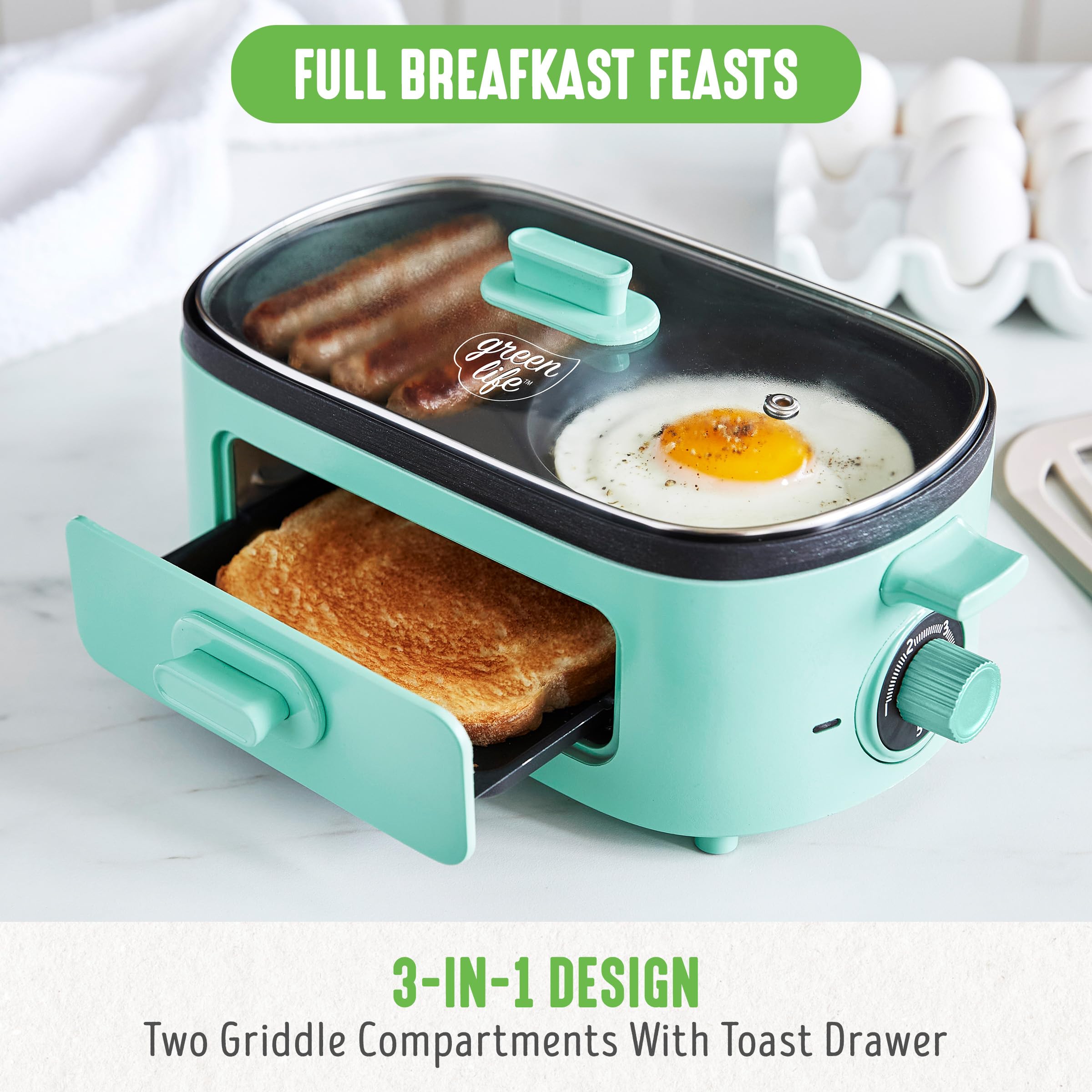 Greenlife 3-In-1 Breakfast Maker Station, Healthy Ceramic Nonstick Dual Griddles For Eggs Meat And Pancakes, 2 Slice Toast Drawe