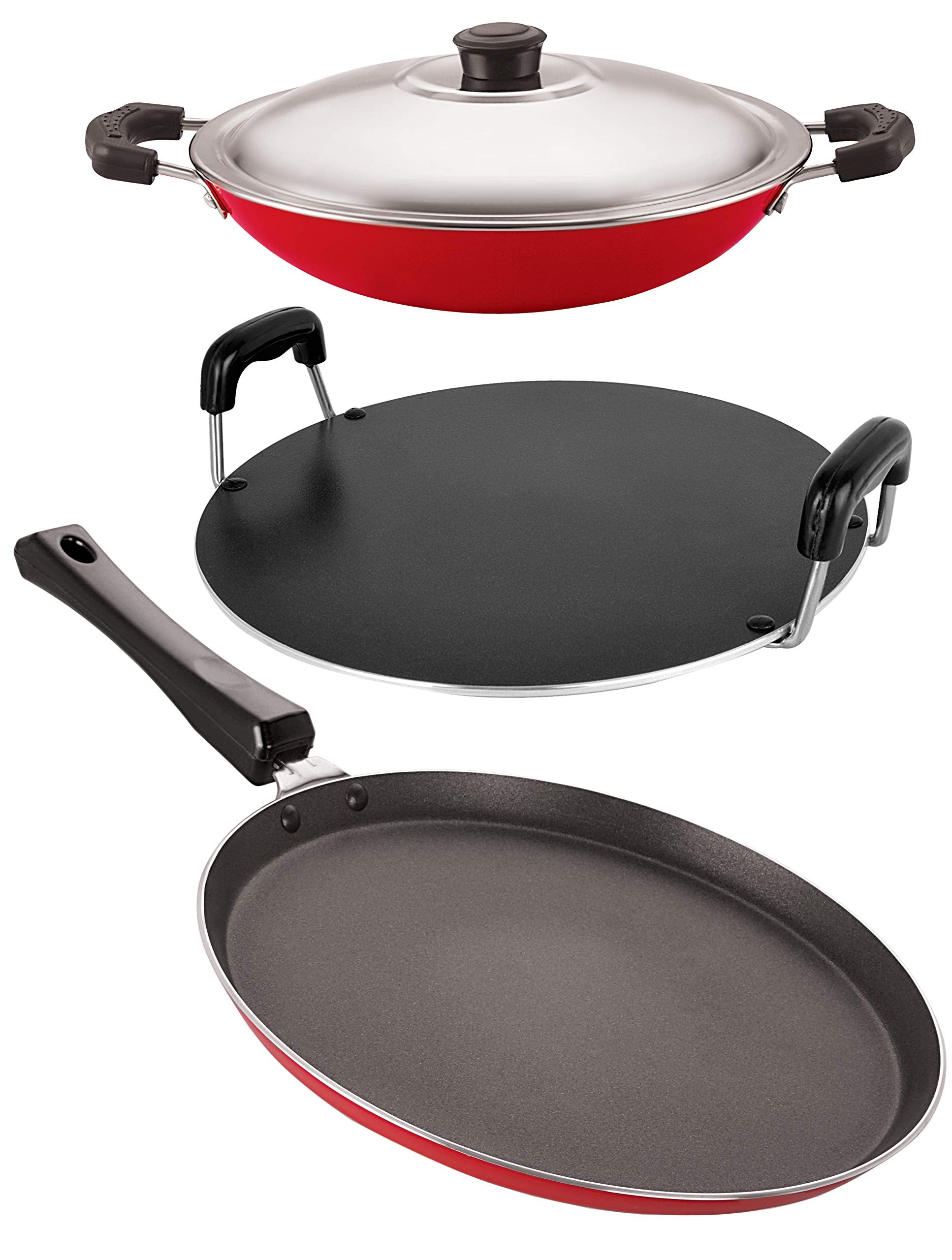 Nirlon NonStick Odor Free 3 Piece Gas Compatible Cookware Utensil Combo Gift Set With Bakelite Handle, Red And Black Color