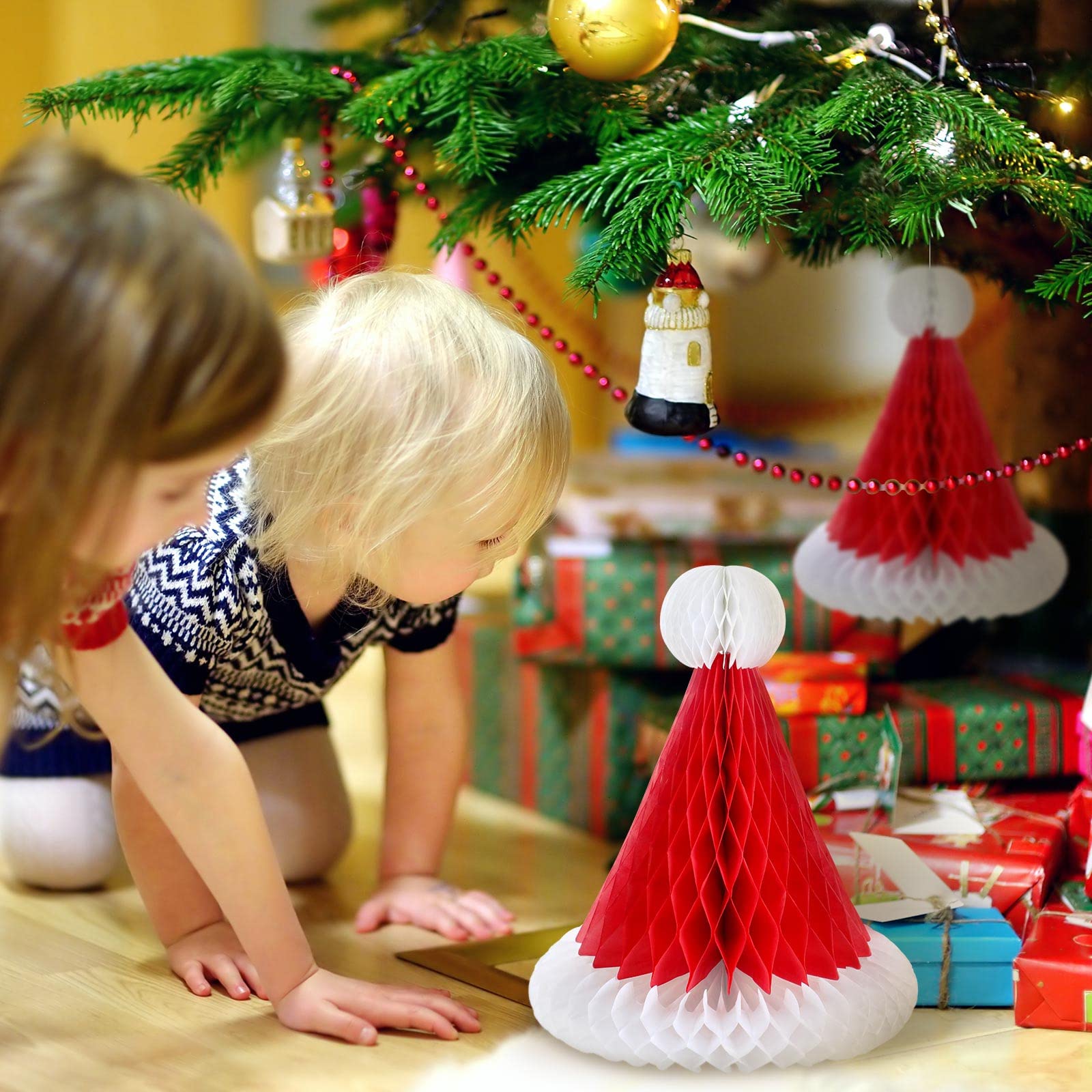 Eersida 12 Pieces Christmas Honeycomb Santa Hats Xmas Paper Hat for Christmas Tree Ornaments Hanging Decorations
