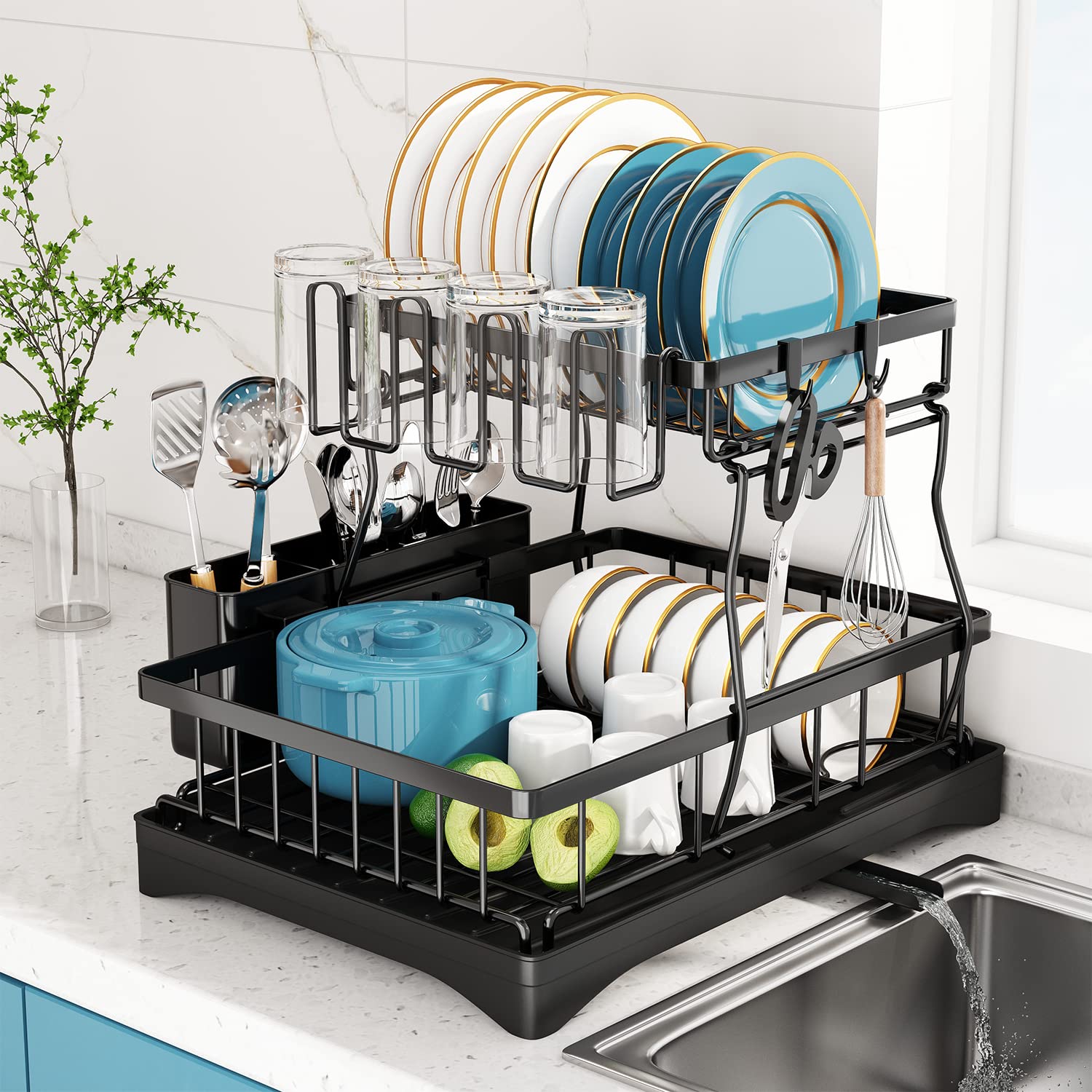Doitsf Dish Drying Rack, 2 Tier Dish Racks For Kitchen Counter, Large Stainless Steel Kitchen Dish Drying Rack With Drainboard,