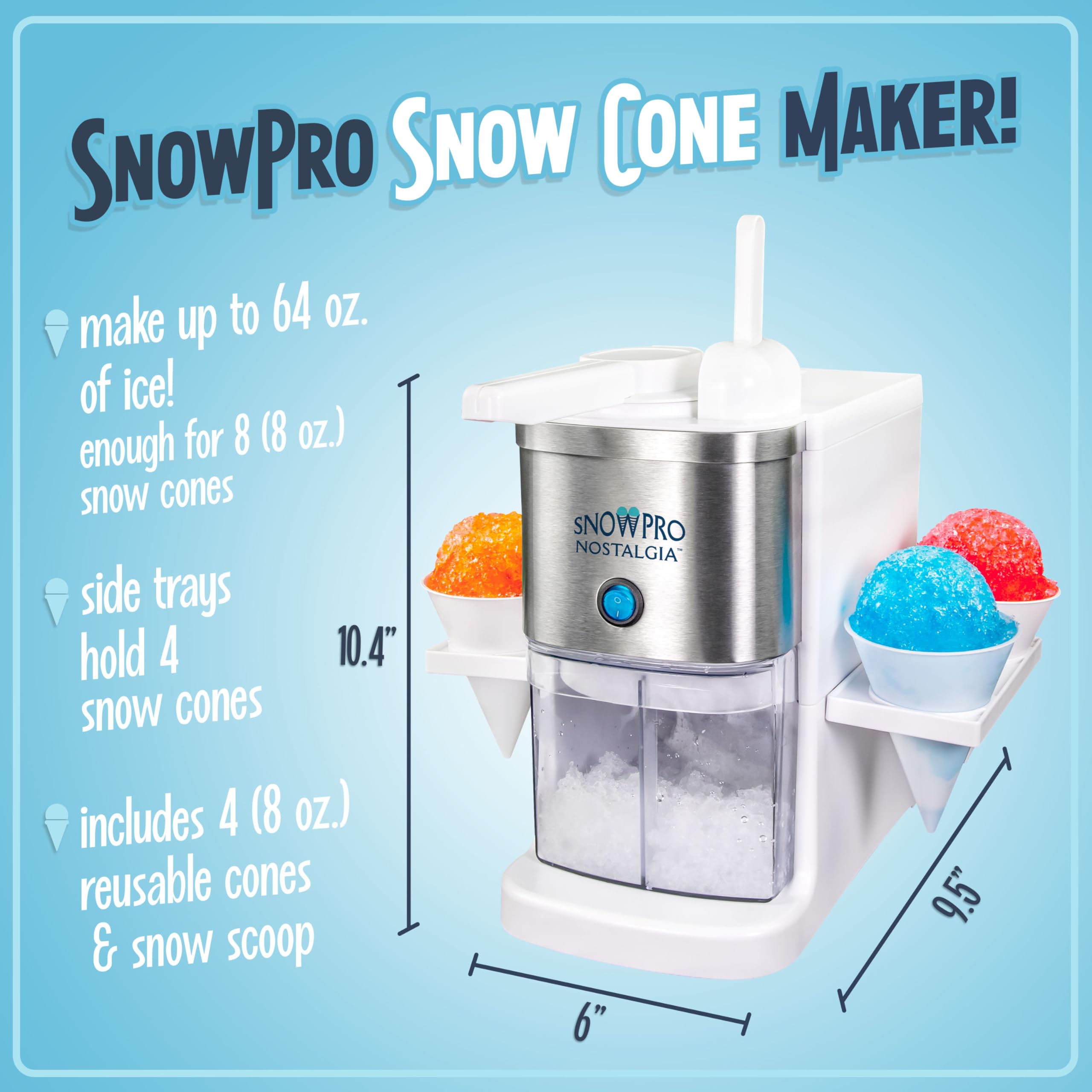 Nostalgia Snowpro Electric Shaved Ice & Snow Cone Maker 64-Ounce Ice Shaving Capacity, 4 Reusable Cones, Side Shelves, And Scoop