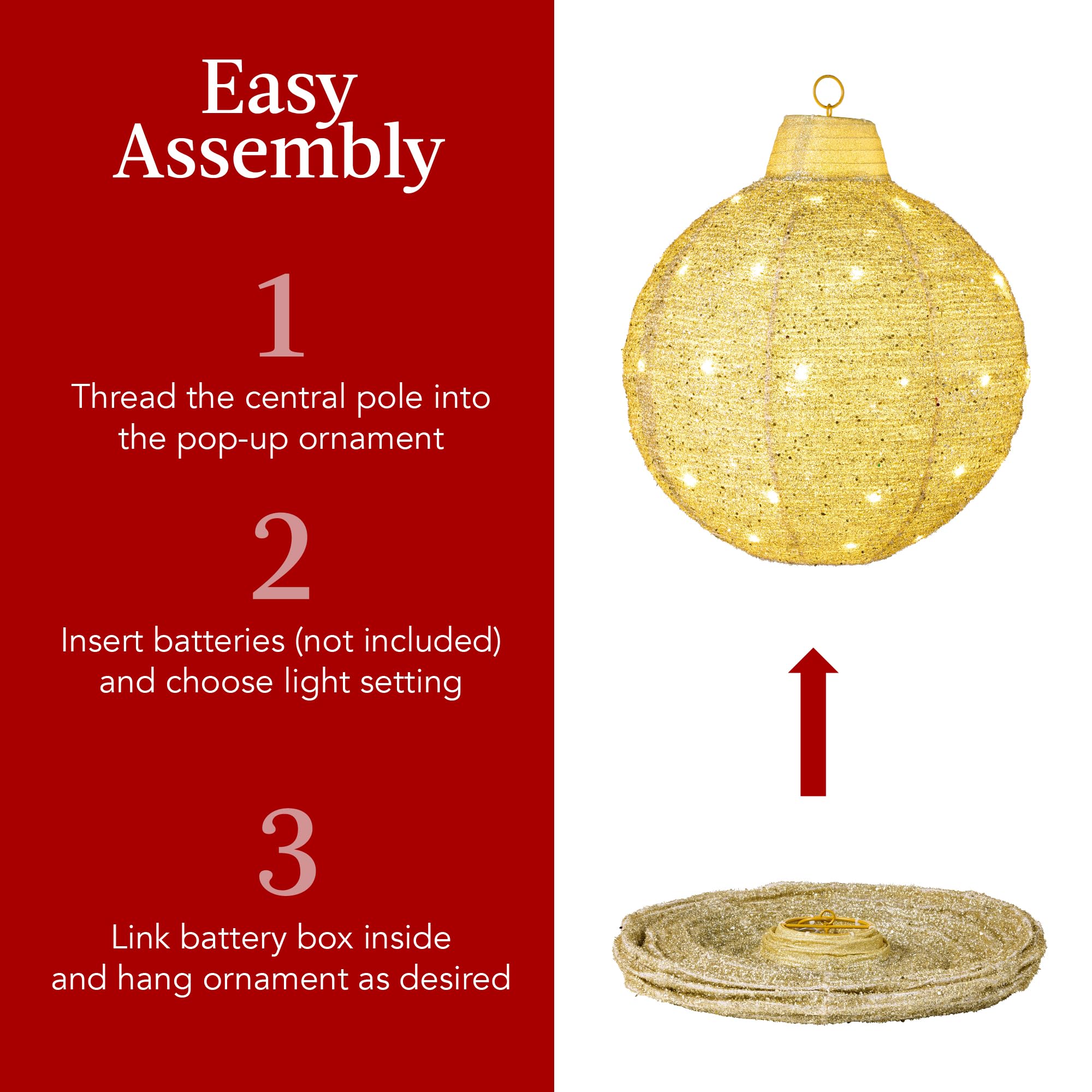 Best Choice Products 3pc Lighted Pop-Up Outdoor Hanging Christmas Ornament Set, Holiday Ball Decor, Battery LEDs, 8 Twinkling Li