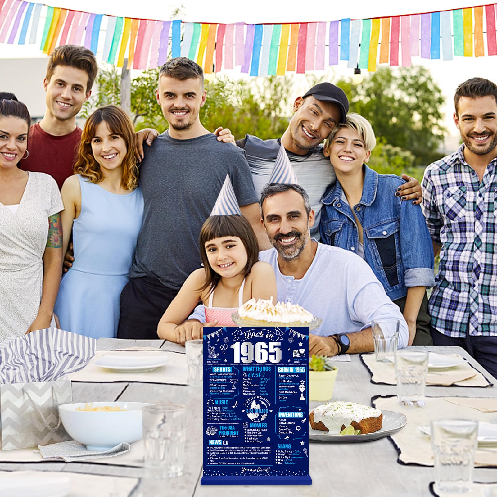 Eiurteao 60th Birthday Decorations Back in 1965 Table Sign for Men, Blue Silver 60 Birthday Two-Sided Wooden Table Poster with S