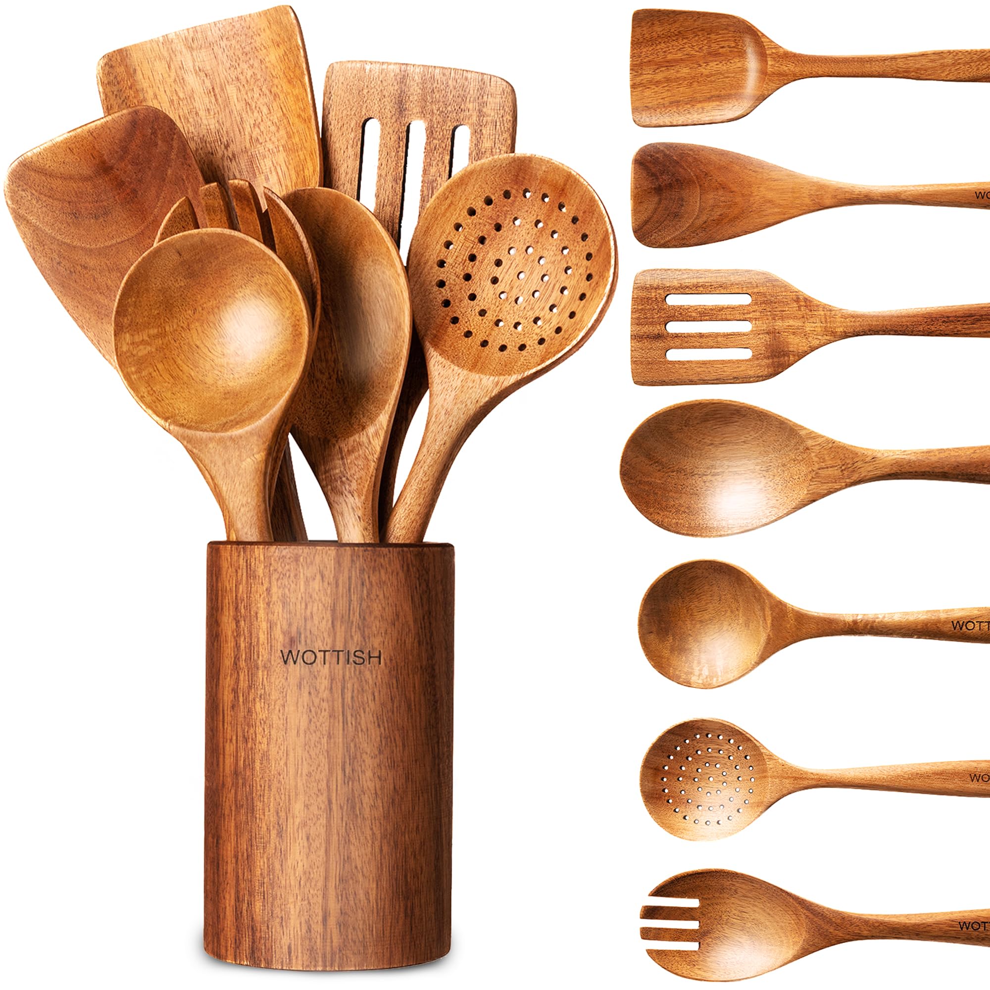 Wooden Spoons For Cooking - 8-Piece Wooden Kitchen Utensil Set Made Of Natural Solid Wood Material - Includes Spoons, Spatulas,