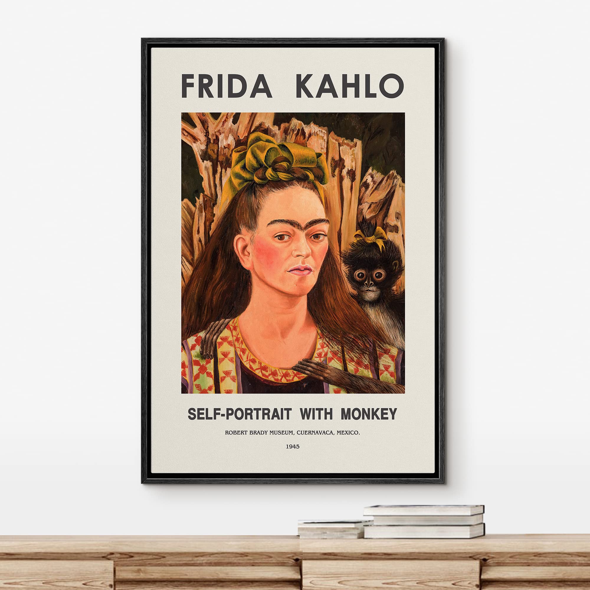 Idea4Wall Framed Canvas Print Wall Art Self-Portrait With Monkey By Frida Kahlo Historic Cultural Illustrations Fine Art Traditi