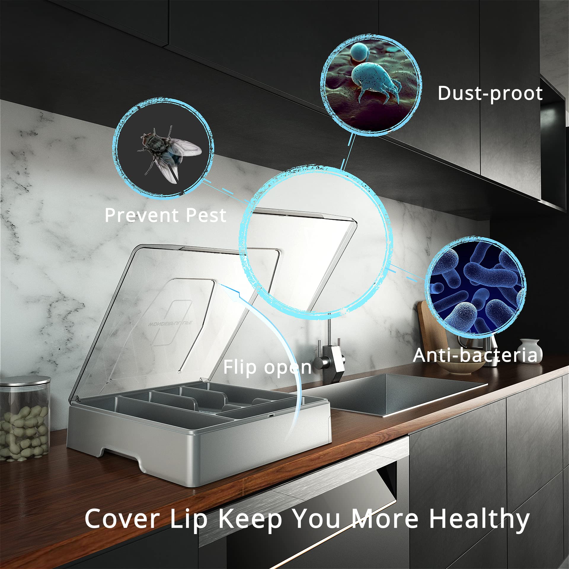 Kurberson Double Layer Silverware Organizer With Lid, Utensil Holder With Cover, Flatware Cutlery Storage Oranizer, Gray