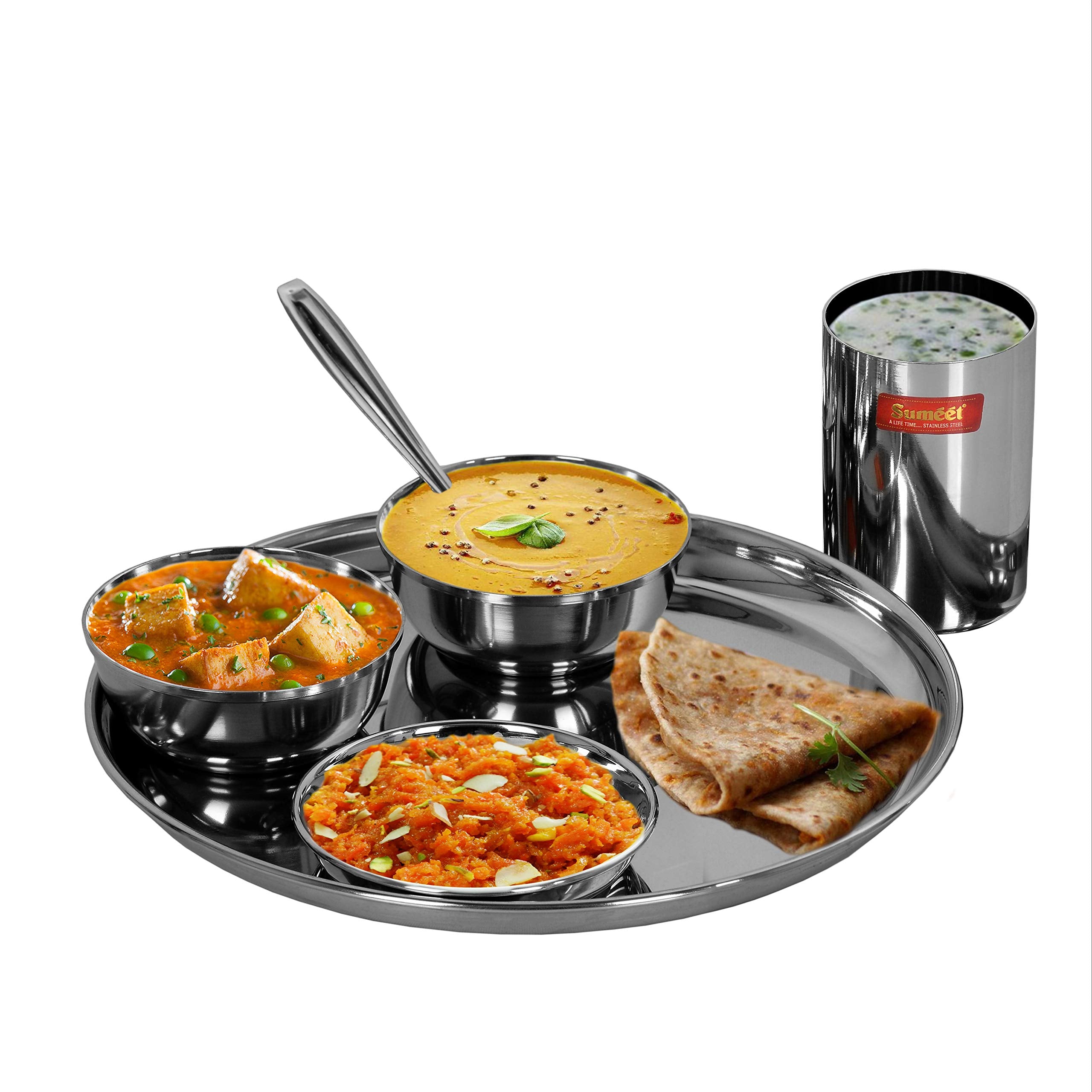 Sumeet Stainless Steel Heavy Gauge Mirror Finish Dinner Set Of 6 Pcs (1 Plate, 1 Small/Halwa Plate, 2 Bowl/Wati, 1 Glass, 1 Spoo