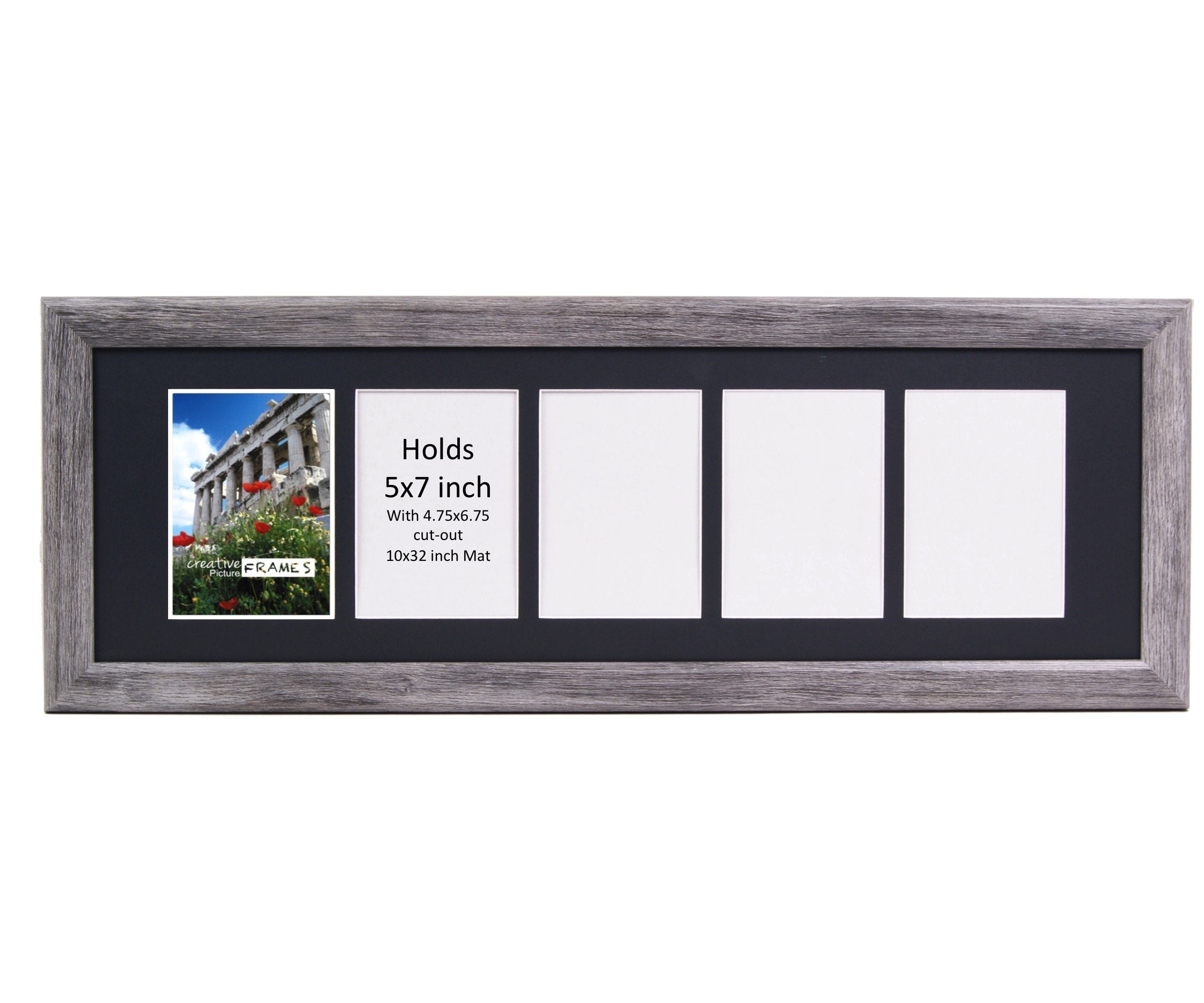 CreativePF 5 Opening Driftwood Picture Frame with Glass to hold 5 by 7 inch Photographs including 10x32-inch Black Mat Collage