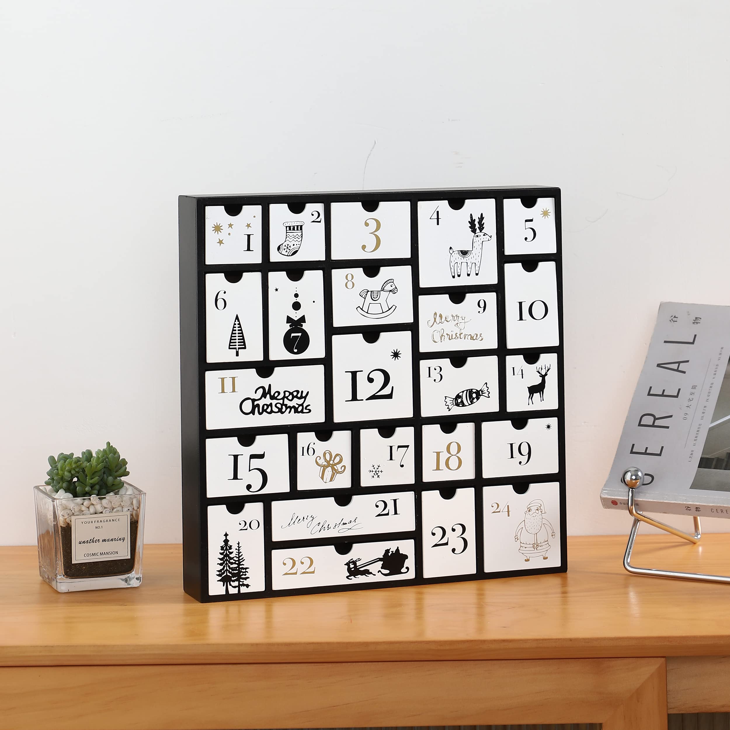 SUNGIFT Wooden Advent Calendar, Christmas Countdown Calendar Boxes with 24 Drawers and Numbers to Fill 2025, DIY Reusable Advent