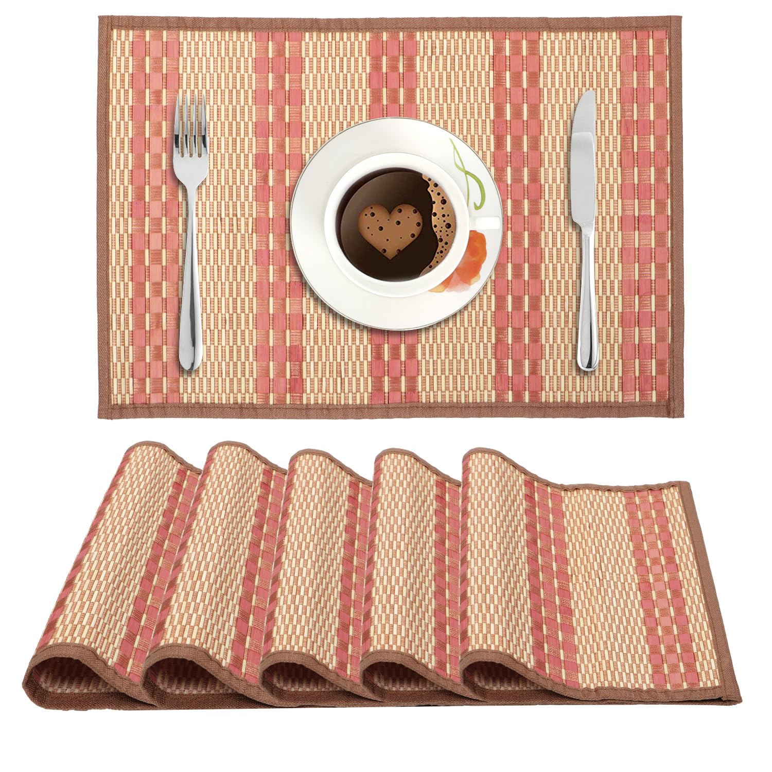 Hokipo Bamboo Placemats Set Of 6 Dining Table Mats, 45X30 Cm, Peach