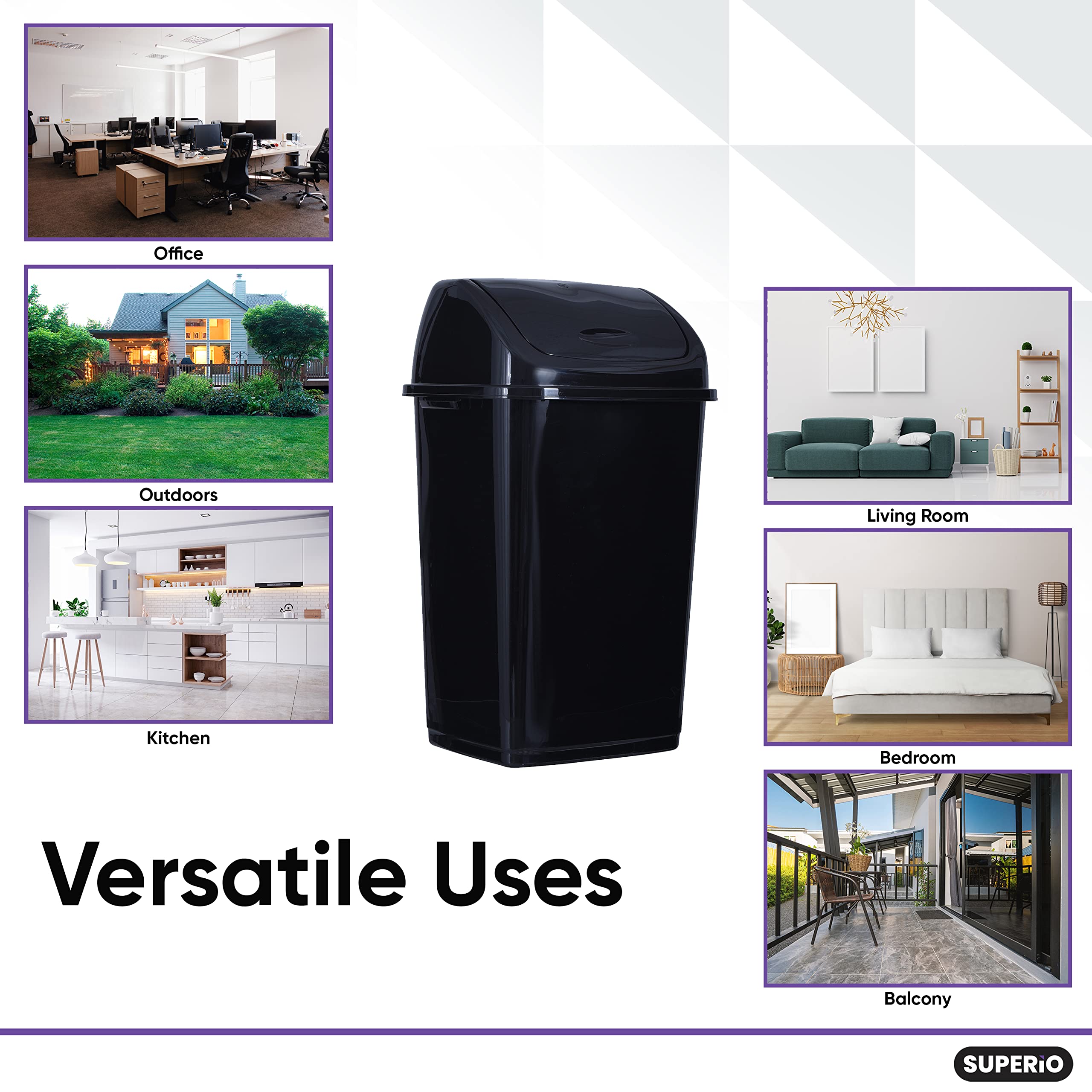 Superio Kitchen Trash Can 13 Gallon With Swing Lid, Plastic Tall Garbage Can Outdoor And Indoor, Large 52 Qt Recycle Bin And Was