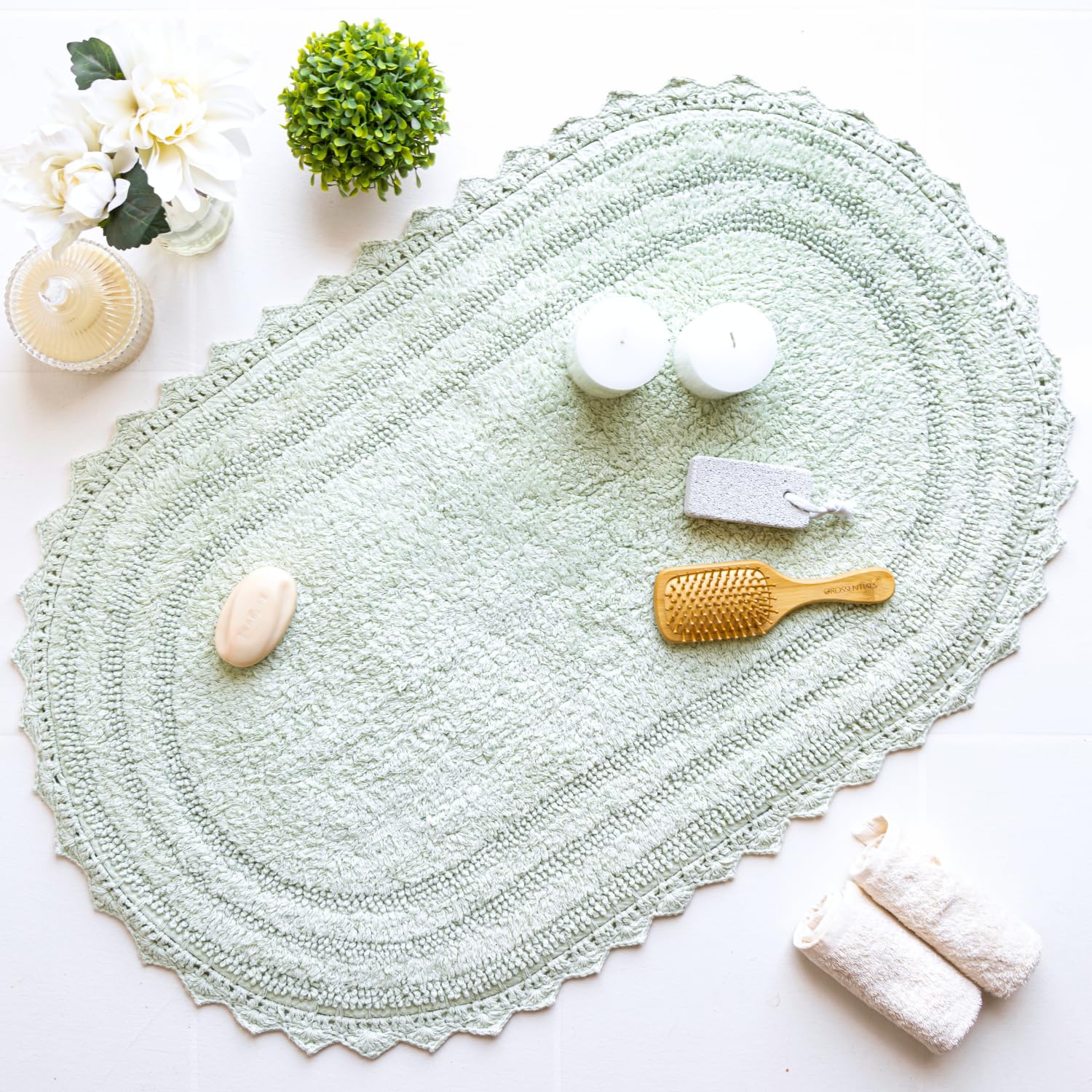 Rajrang Bath Rug For Bathroom Kitchen Spa With Crochet Cotton Absorbent Soft Reversible Bath Mat Meadow Mist Oval 34X21 Inches