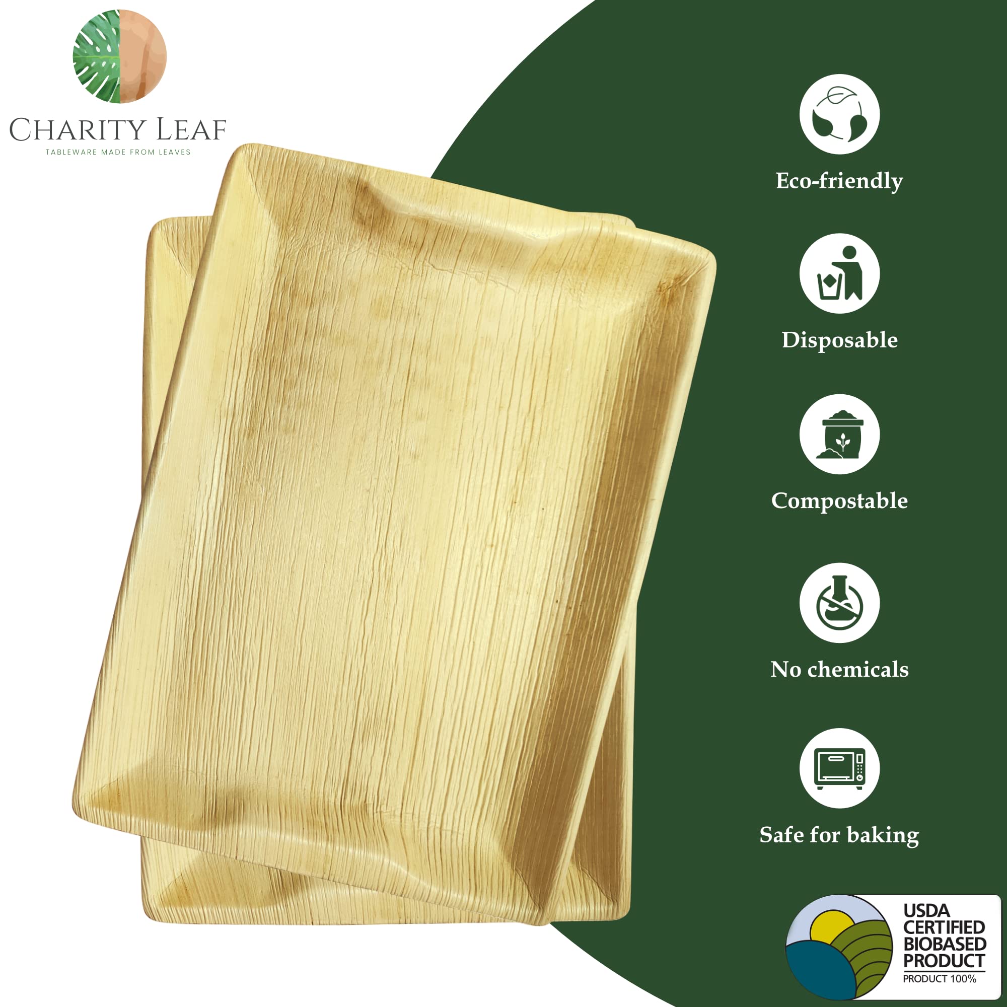Charity Leaf Disposable Palm Leaf 14'' x 10'' Trays (25 pieces) Bamboo Like Serving Platters  Disposable Boards  Eco-Friendly Dinnerware For Weddings  Catering  Events