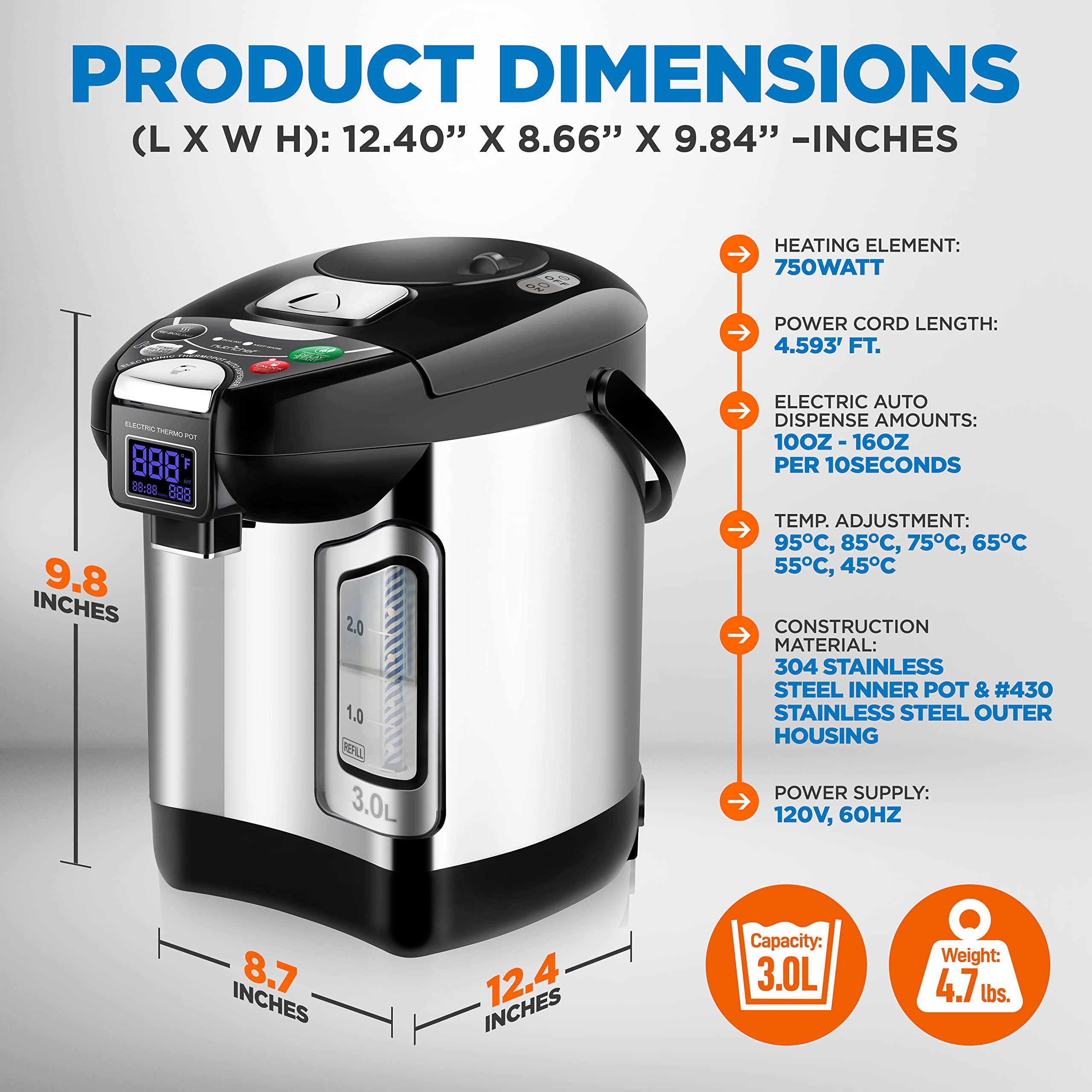 Nutrichef Digital Water Boiler And Warmer - 3L/3.17 Qt Stainless Electric Hot Water Dispenser W/ Lcd Display, Rotating Base, Kee