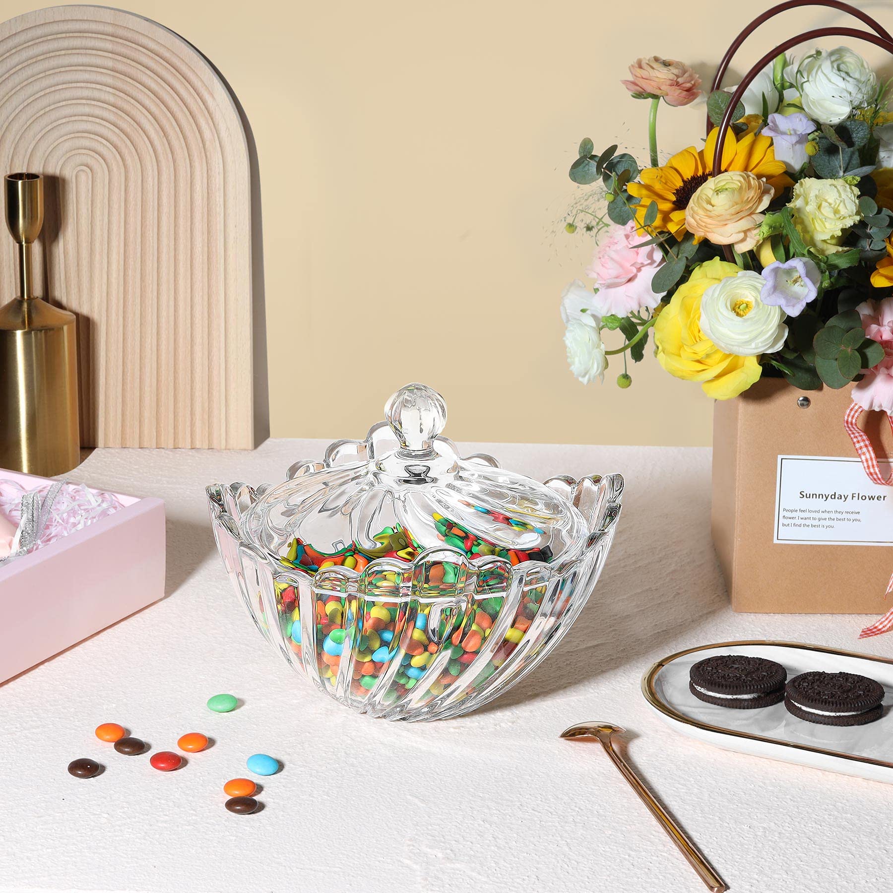 Comsaf Christmas Large Glass Candy Dish With Lid, Clear Covered Christmas Candy Bowl, Crystal Christmas Candy Jar For Home Kitch