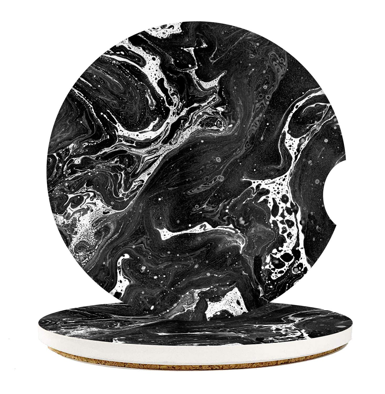 Britimes Absorbent Car Coasters 2 Pack For Cup Holders, 2.56'' Ceramic Stone & Non-Scratch Cork Base Drink Coasters Black Marble