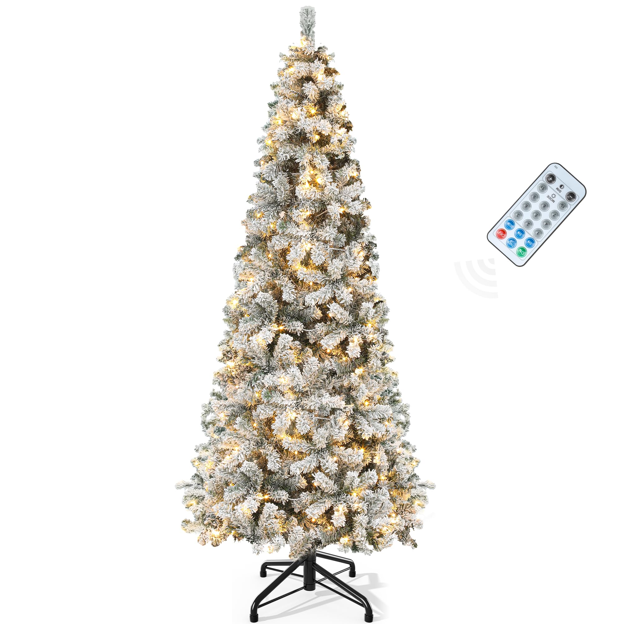 YITAHOME 7.5 FT Snow Flocked Pencil Christmas Tree with Lights, Hinged Slim Corner Xmas Tree w/Remote, Kingswood Fir with 1000 T