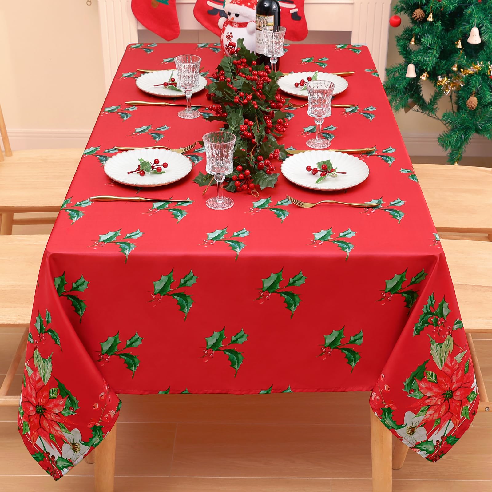 Homing Christmas Round Tablecloth - Red Poinsettia Flower Holly Holiday Wrinkle Resistant Spillproof Easy Care Table Cloth For P