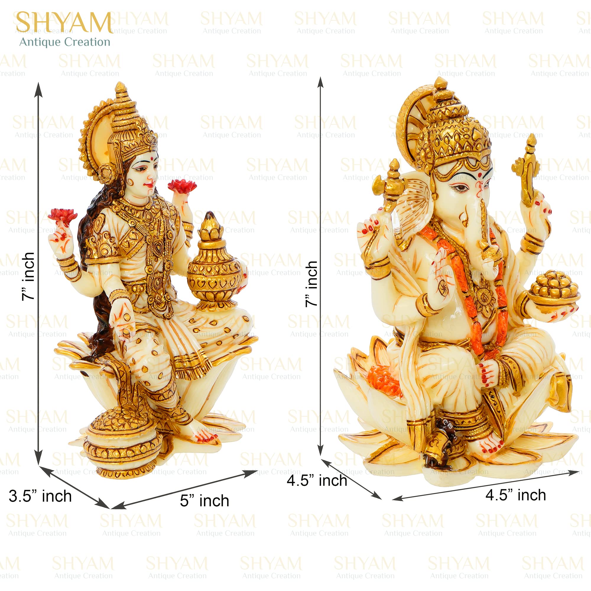 Shyam Antique Creation Goddess Lakshmi Ganesh Statue - Hand Painted Cultured Marble Pair Of Ganesha Idol Sculpture For Diwali Po