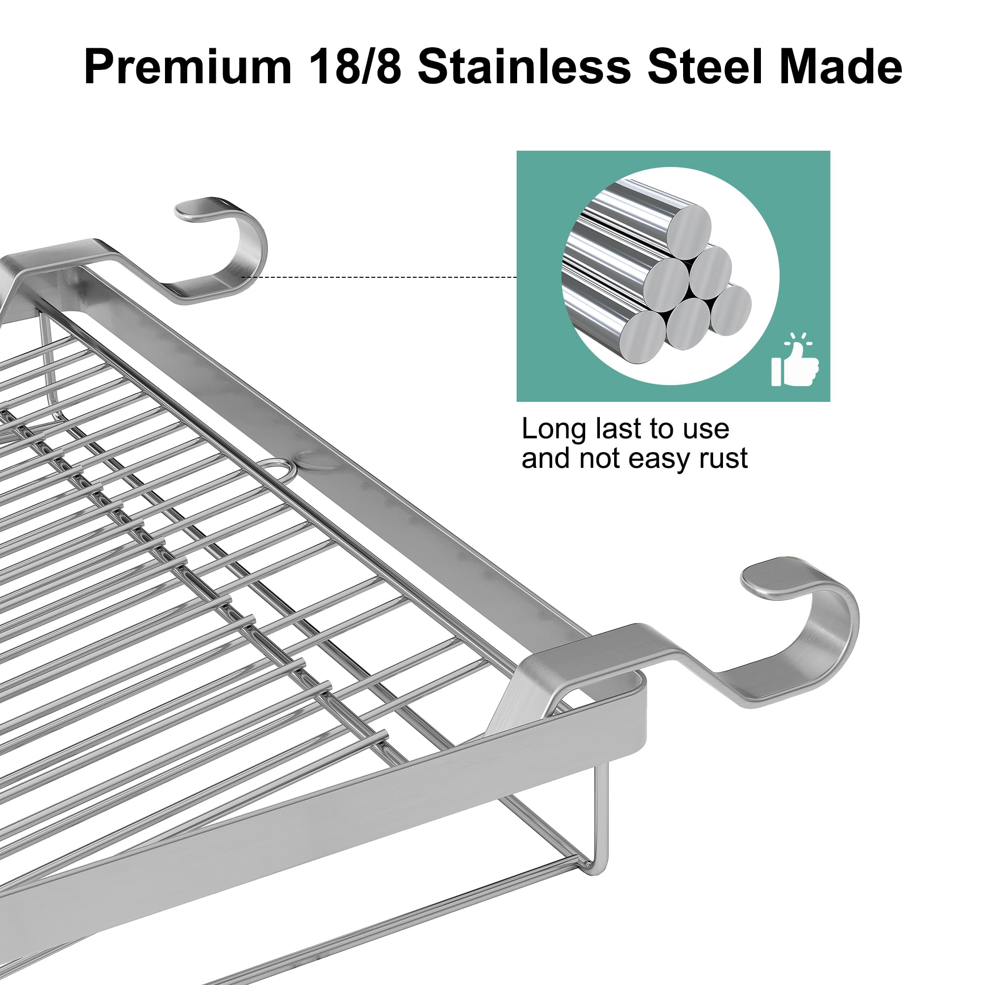 Tqvai Stainless Steel Dish Drying Rack With Drainboard, Rod And Sponge Hook Holder, Hanging Dish Drainer, Over The Sink Dish Rac